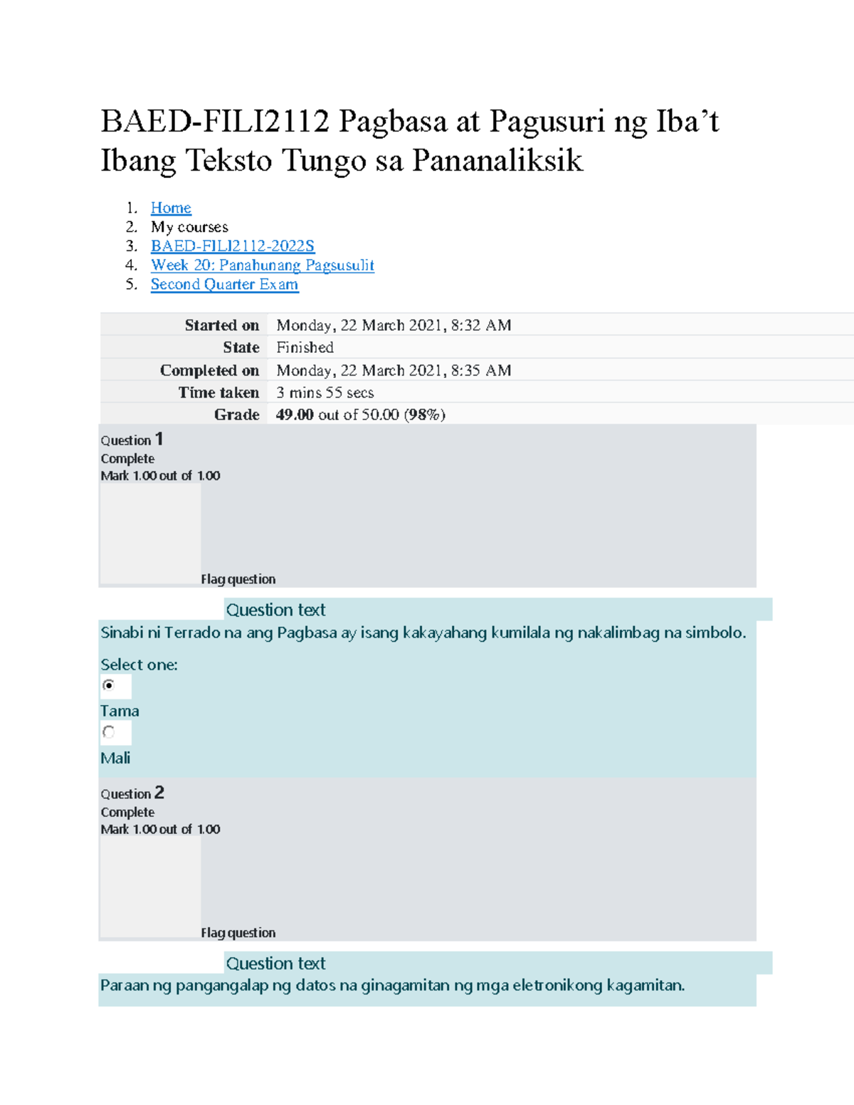 525675236 BAED FILI2112 2nd Periodical Exam on Pagbasa at Pagsusuri ...