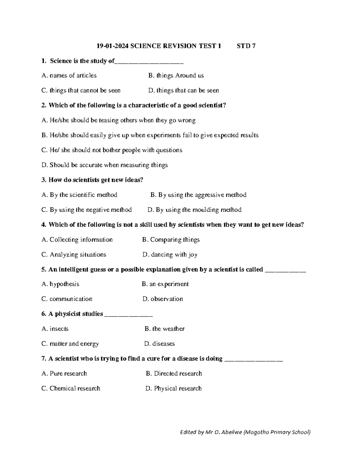 SCIENCE 7 TEST 1 TERM 1 2024: REVISION QUESTIONS & ANSWERS - Studocu