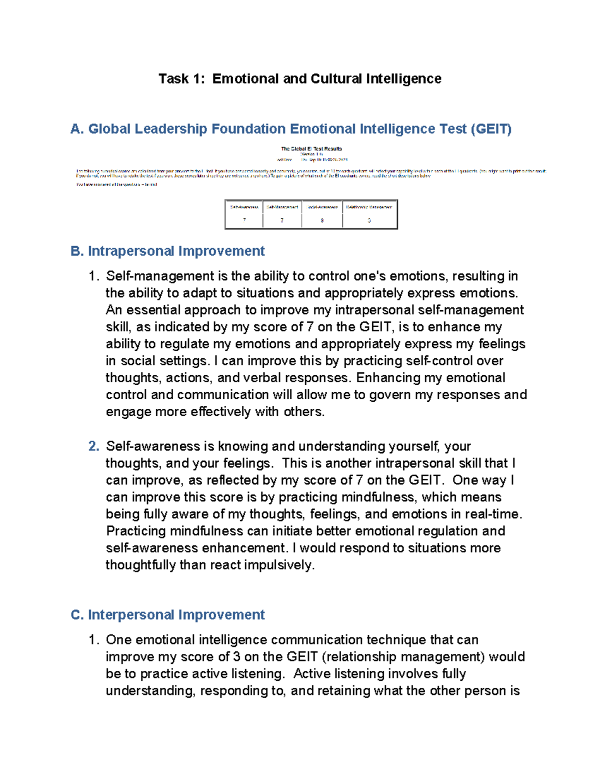 D082 Task 1 - Enhancing Emotional & Cultural Intelligence - Studocu