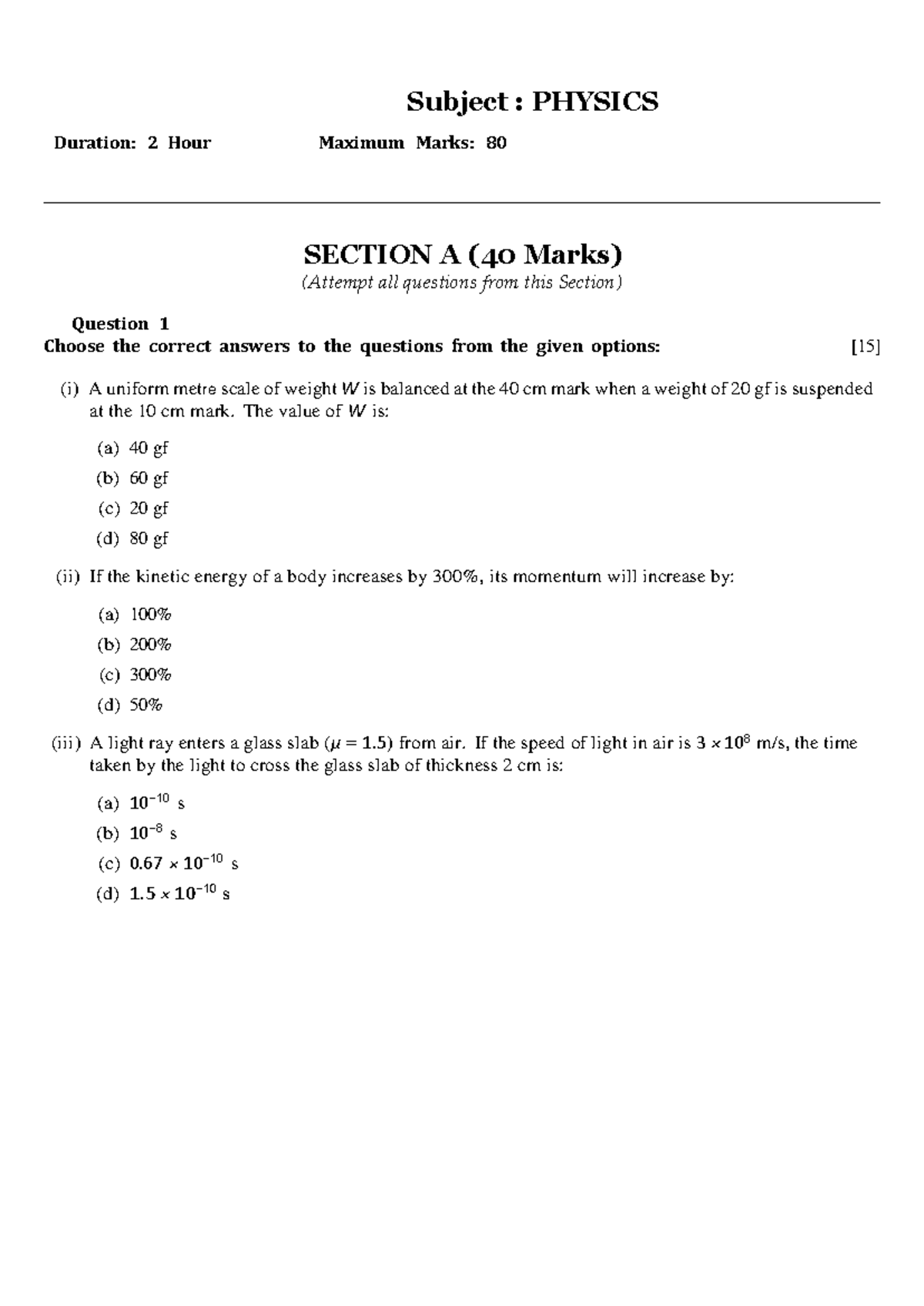 KISA ICSE - Physics Question Paper - 2 Hour Exam - Studocu
