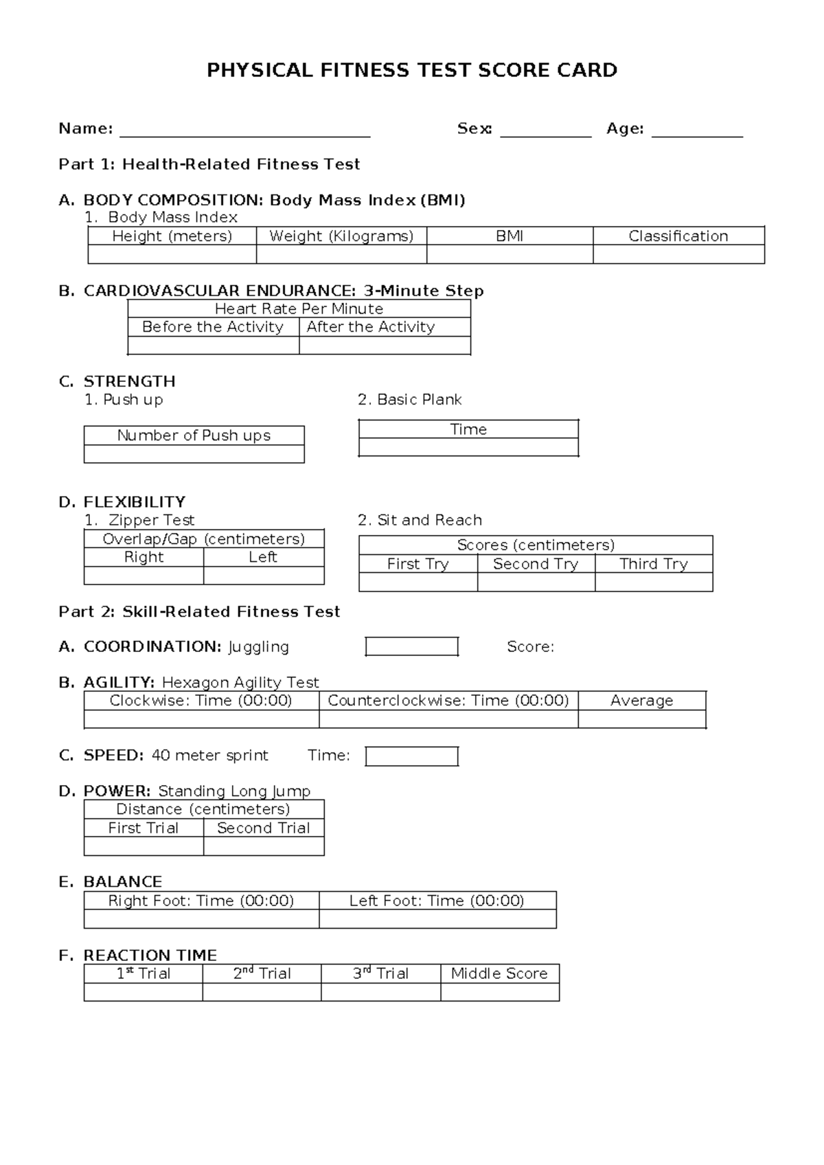 PFT-Template: Comprehensive Physical Fitness Test Score Card - Studocu