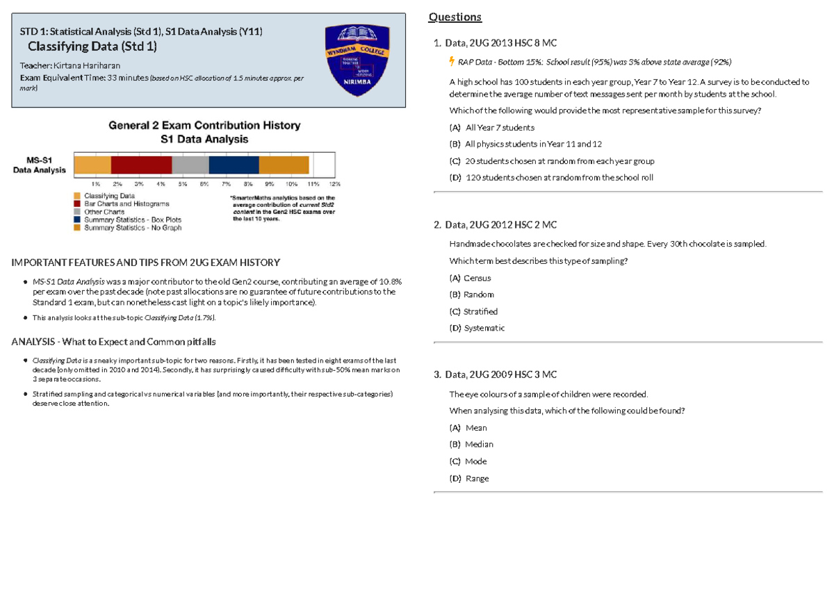 Classifying Data: Past HSC Questions for STD 1 & S1 Data Analysis - Studocu