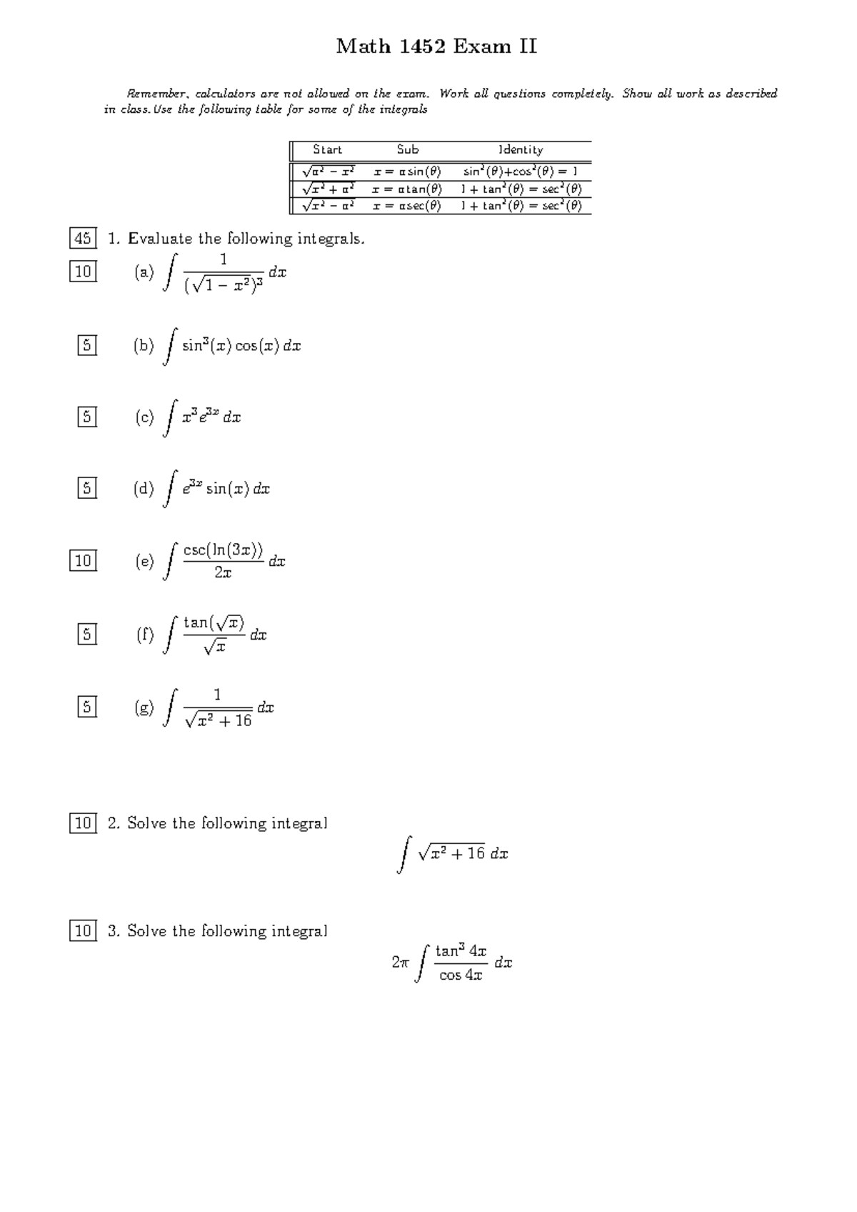TTU Math 1452 Exam II - Integral Problems and Solutions Guide - Studocu