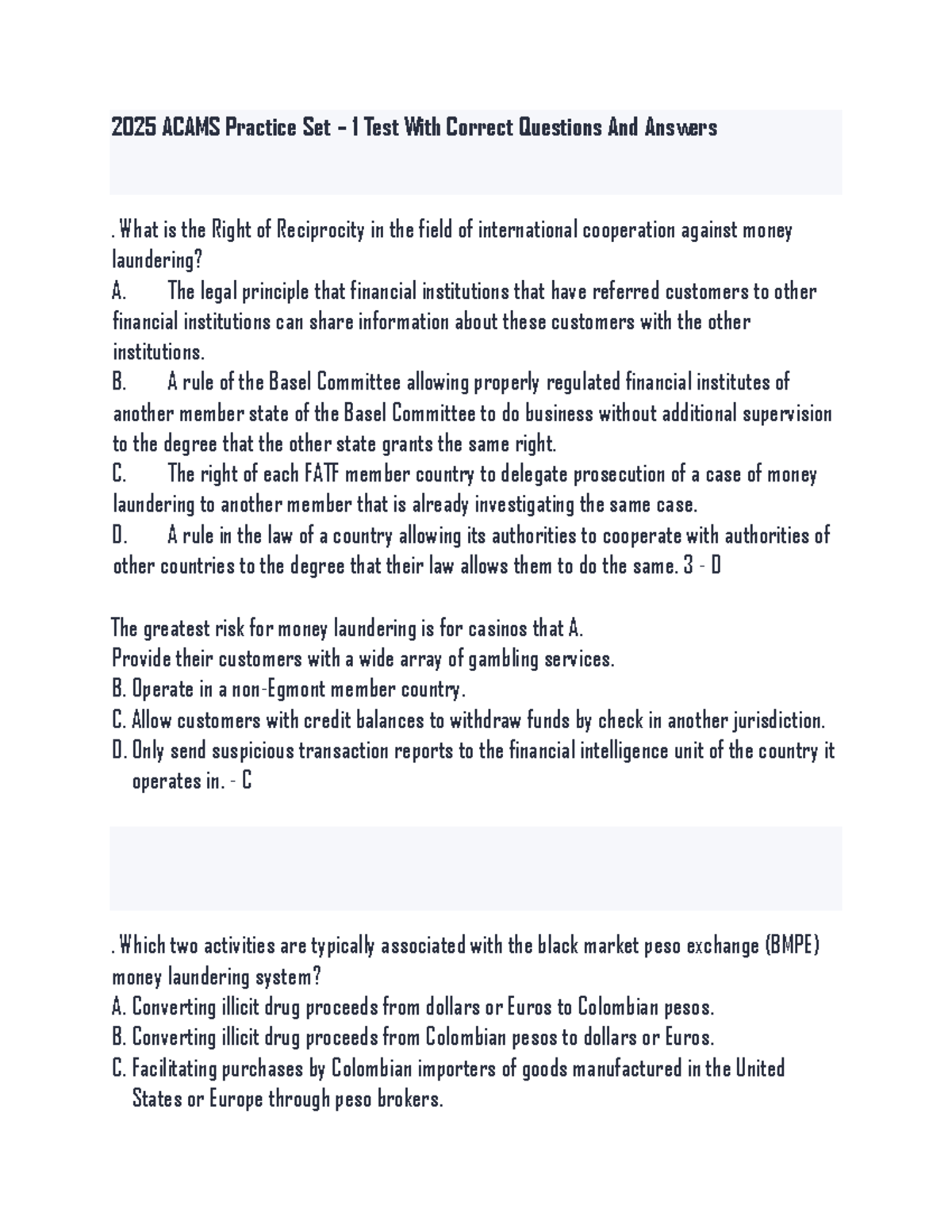 2025 ACAMS Practice Set 1: Key Questions & Answers for Exam Prep - Studocu