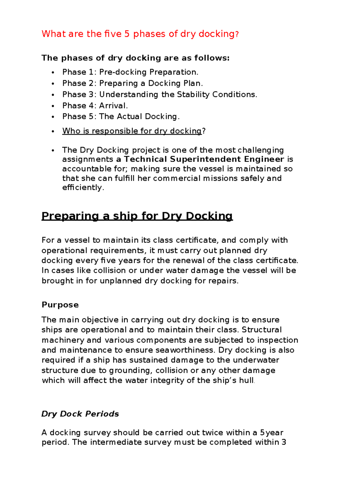 Dry Docking Preparation: Understanding Phases and Procedures - Studocu