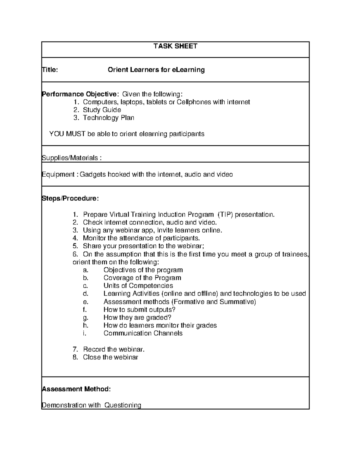 DEMO Task Sheet - Orienting Learners for eLearning Success - Studocu