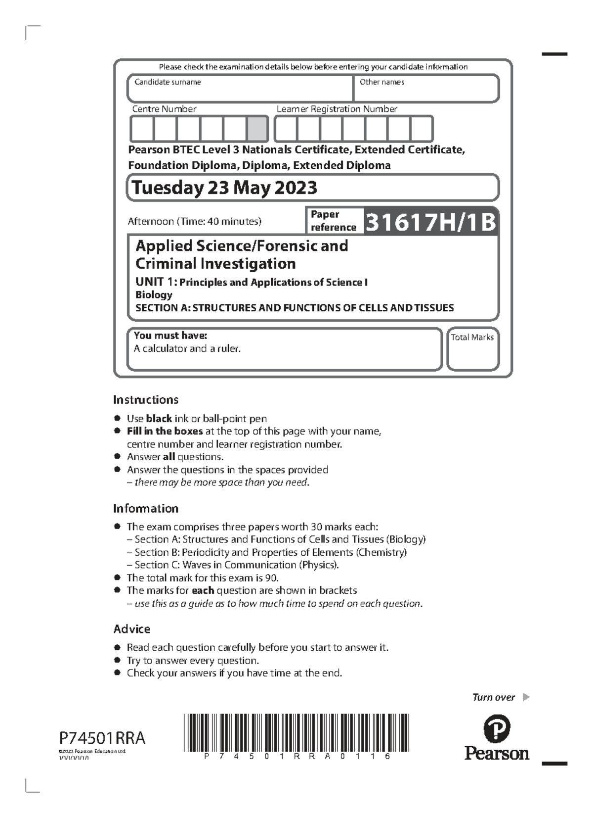 BTEC Level 3 Nationals Applied Science Unit 1 Exam Paper - May 2023 ...