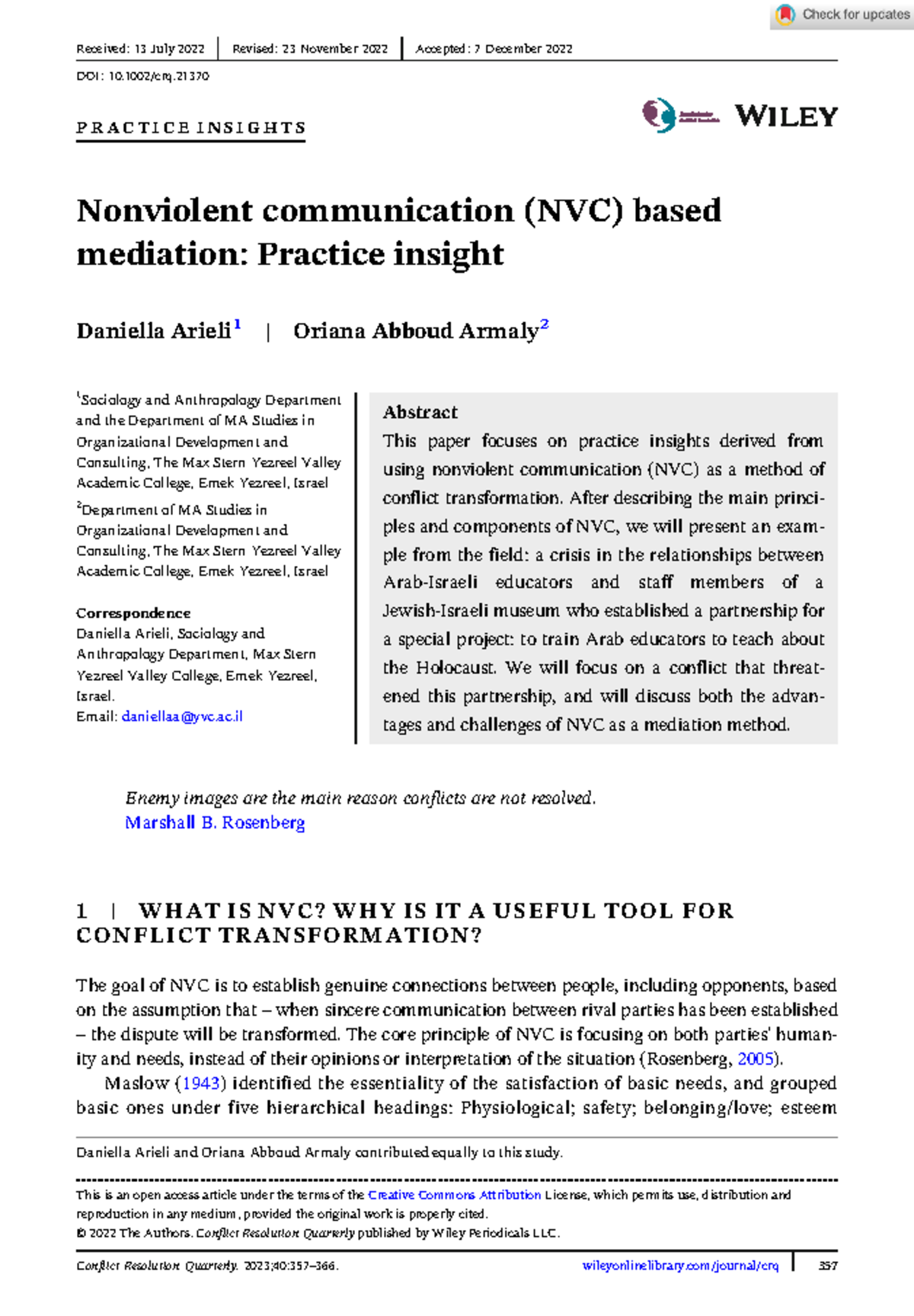 Conflict Resolution Qtrly - 2023 - Arieli & Armaly - Insights on NVC ...