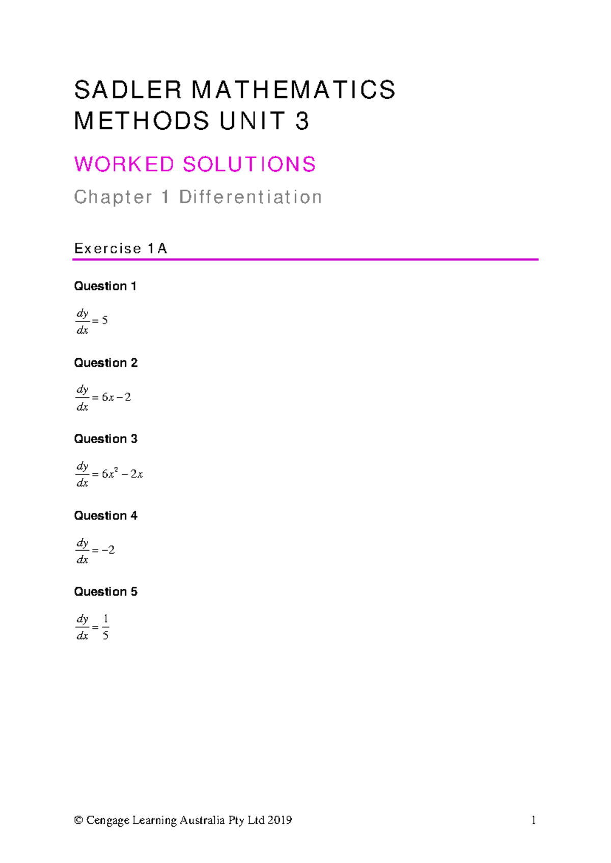 SADLER MATHEMATICS METHODS UNIT 3: Worked Solutions for Chapter 1 - Studocu