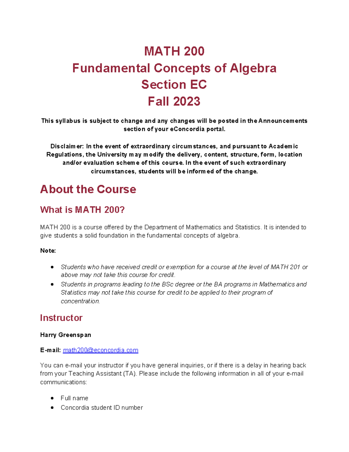 MATH200 EC 2 23 - Algebra Fundamentals Syllabus for Fall 2023 - Studocu