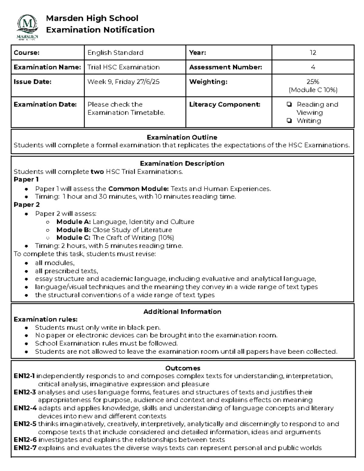 2025 English Std Year 12 Trial HSC Exam Notification - Studocu