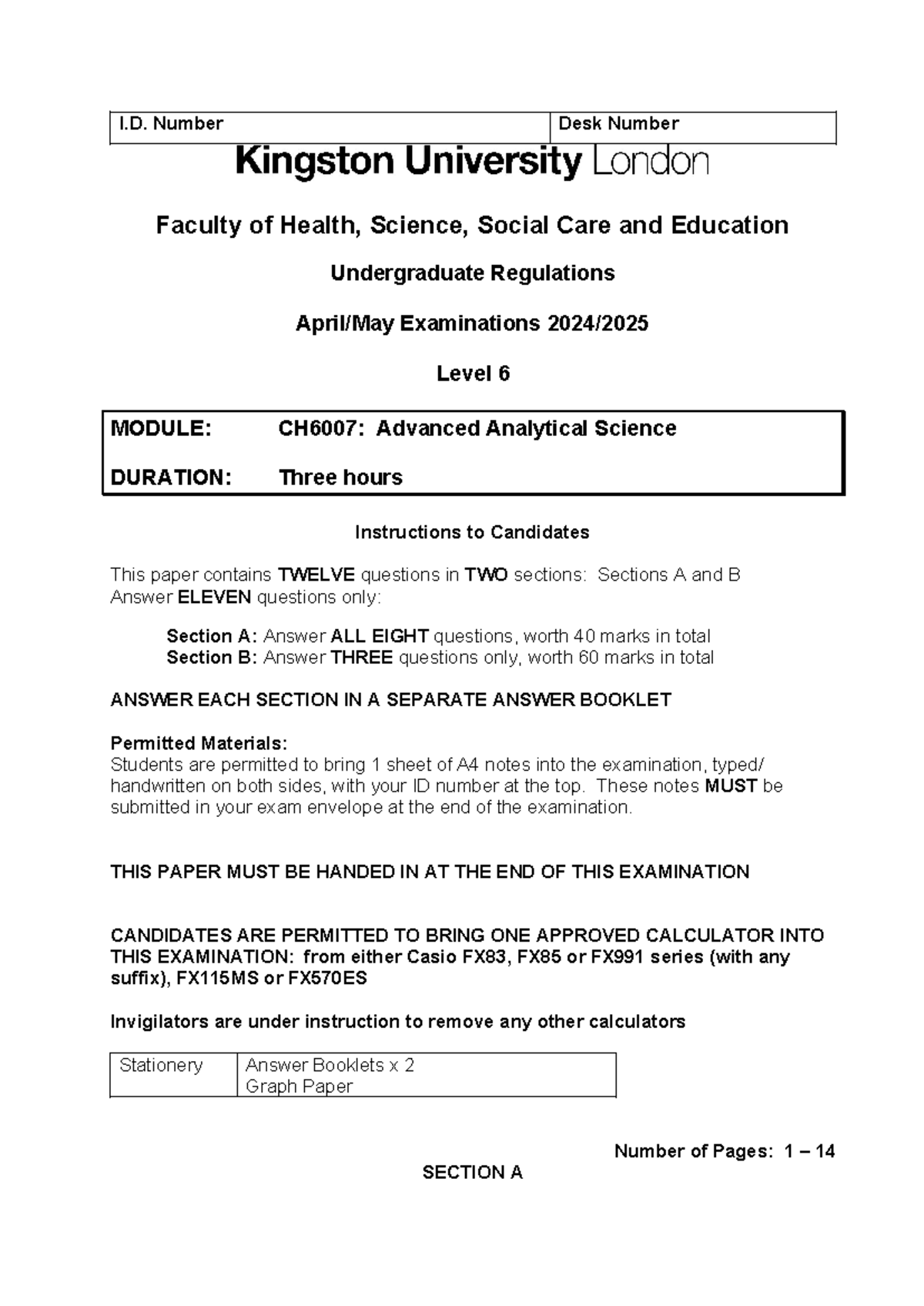 CH6007: Advanced Analytical Science Past Exam Paper (2024/2025) - Studocu
