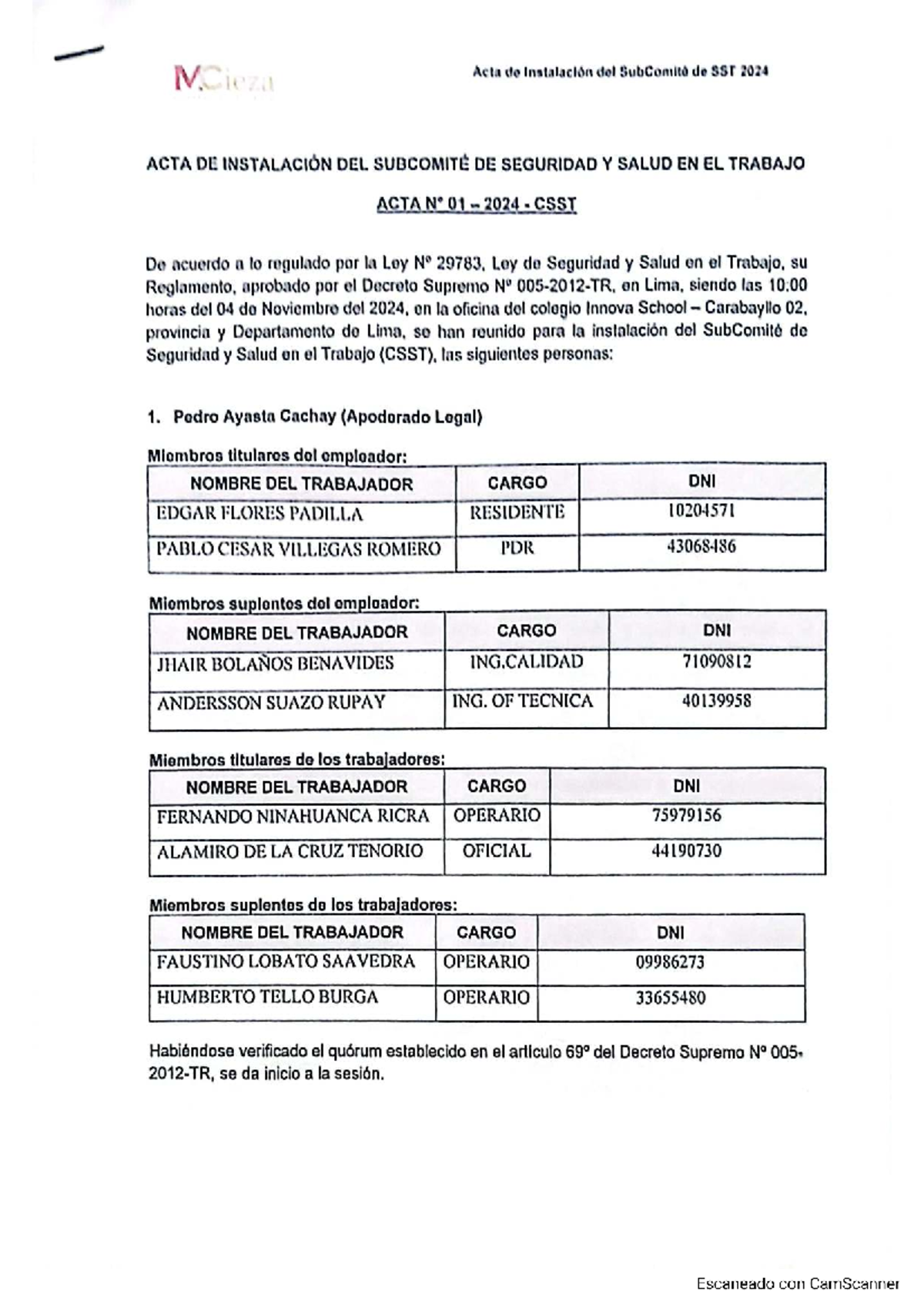Acta de Instalación del Subcomité de SST 2024 - CSST - Studocu
