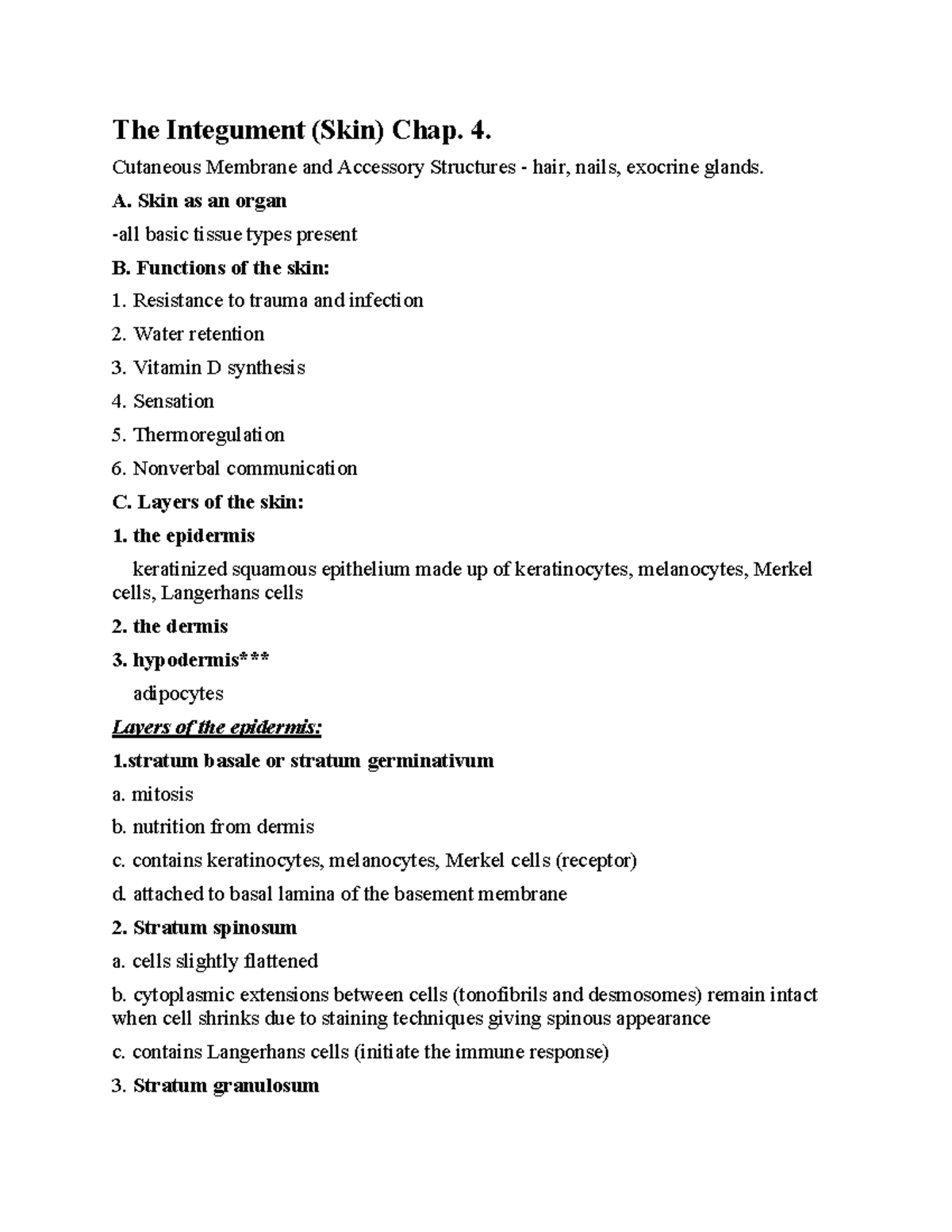Skin notes - The Integument (Skin) Chap. 4. Cutaneous Membrane and ...