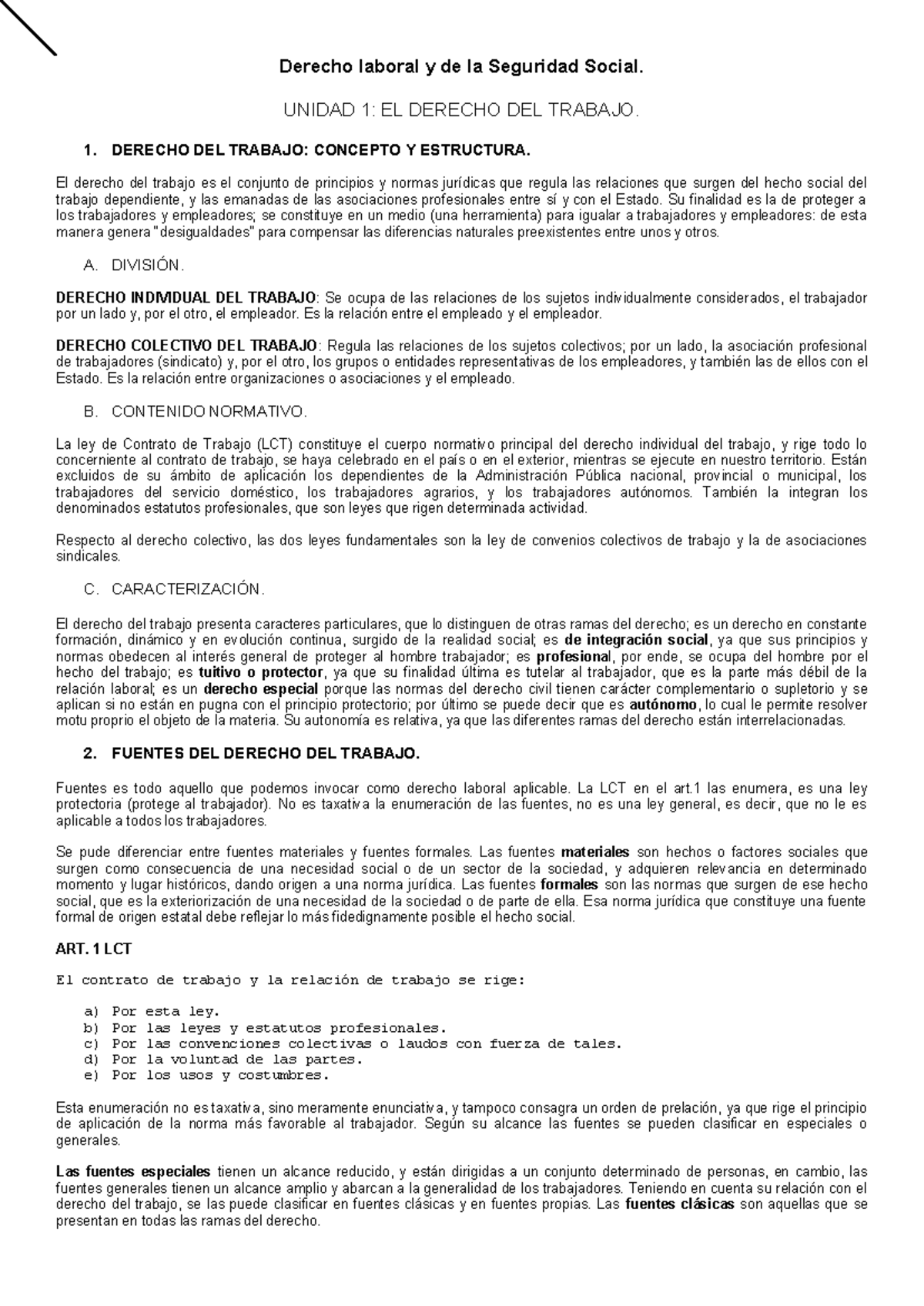 resumen laboral - Derecho laboral y de la Seguridad Social. UNIDAD 1 ...