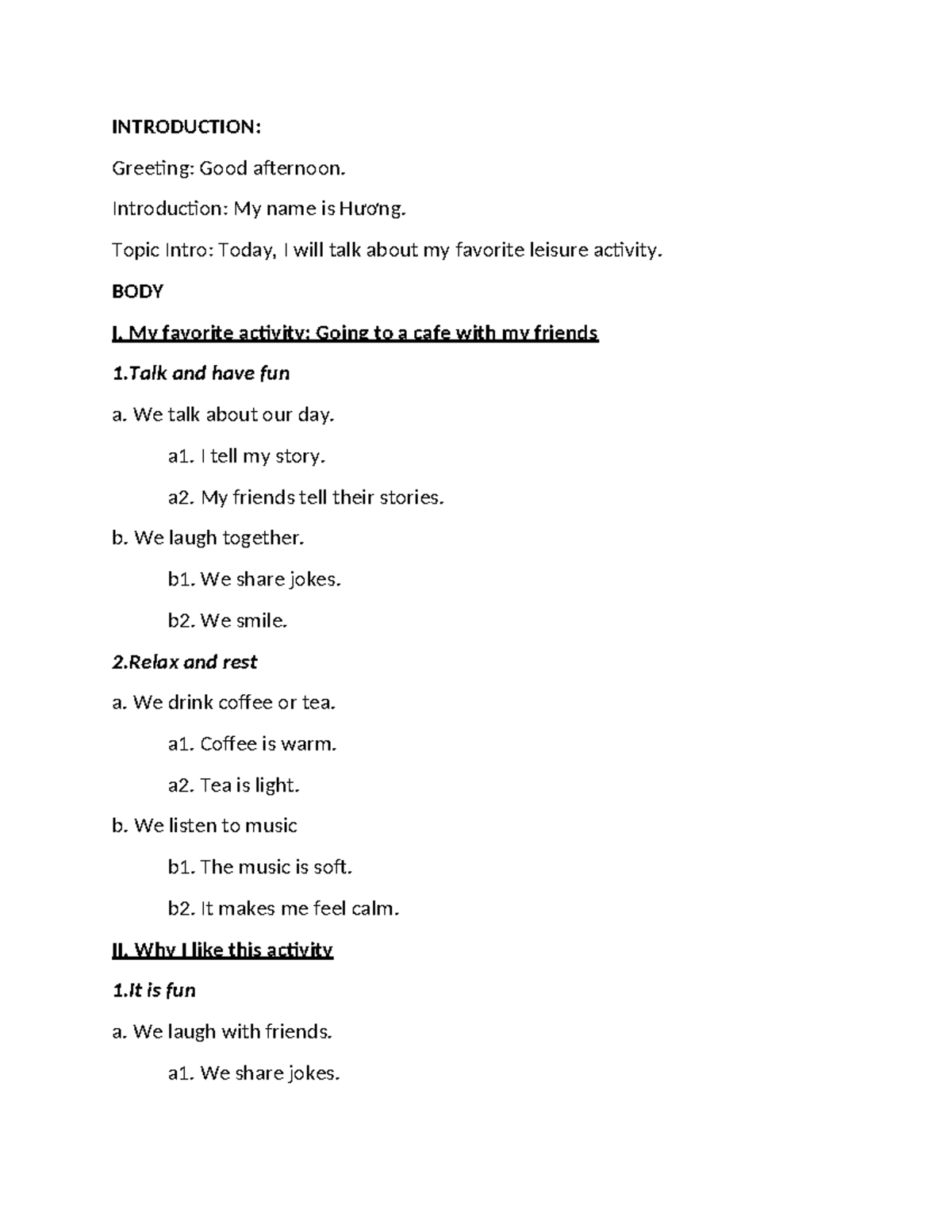 Outline for Personal Topic 8: My Favorite Leisure Activity - Studocu
