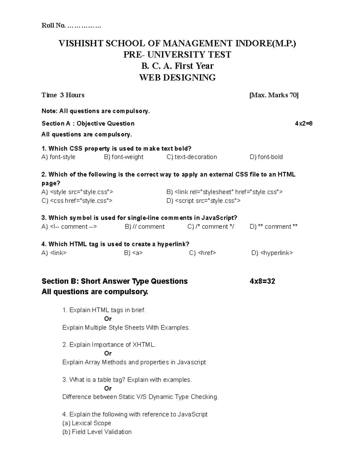 Web Designing Exam Paper - PUT2025 - BCA 1st Year - Studocu