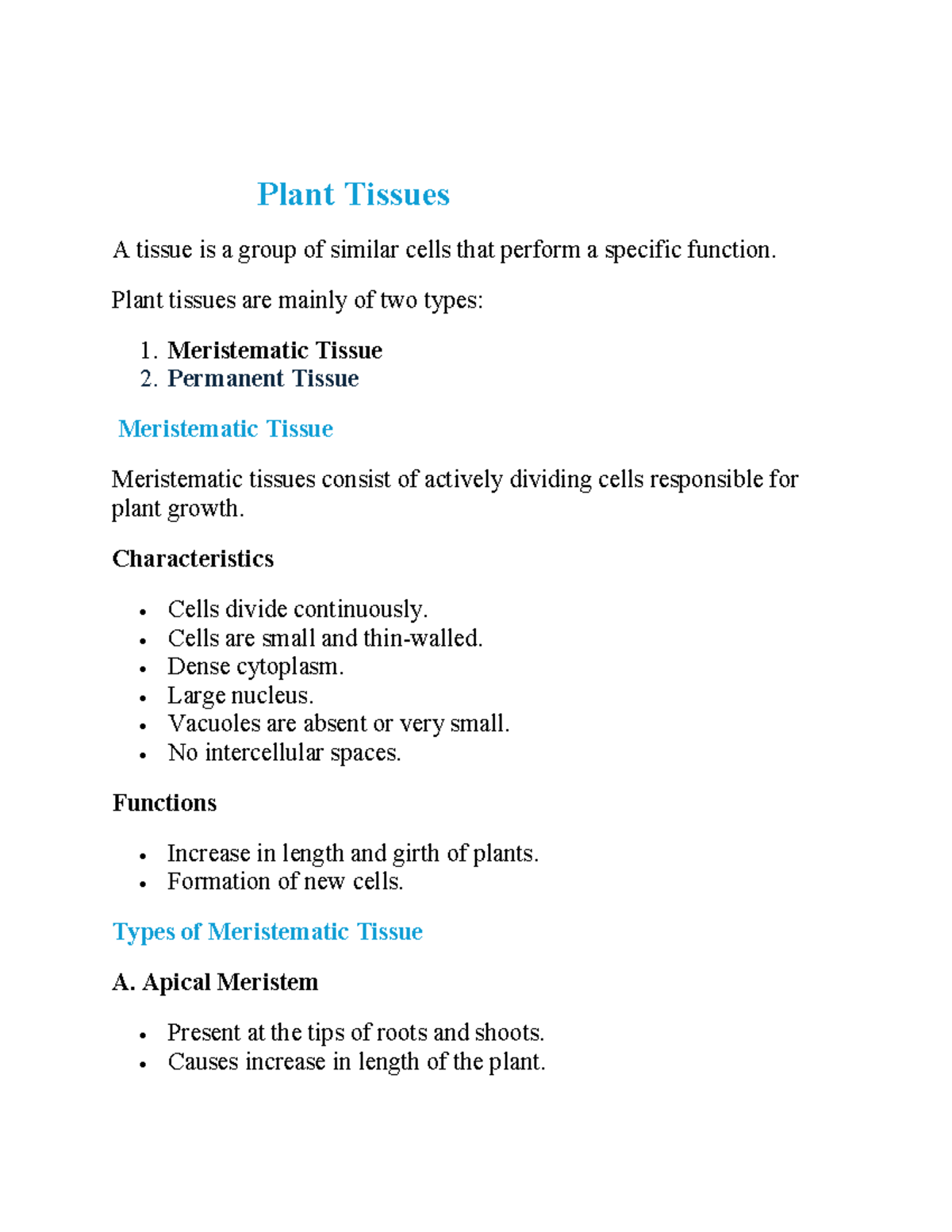 Plant Tissues: Types and Functions - Biology 101 - Studocu
