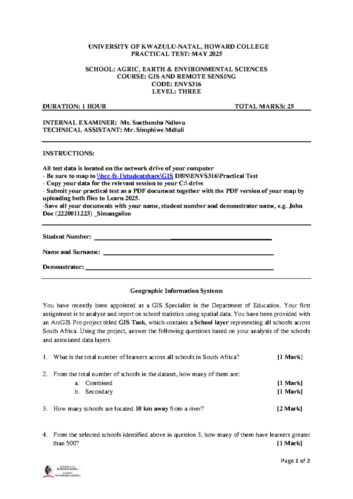 ENVS 316 GIS Practical Test: Analyzing School Statistics 2025 - Studocu
