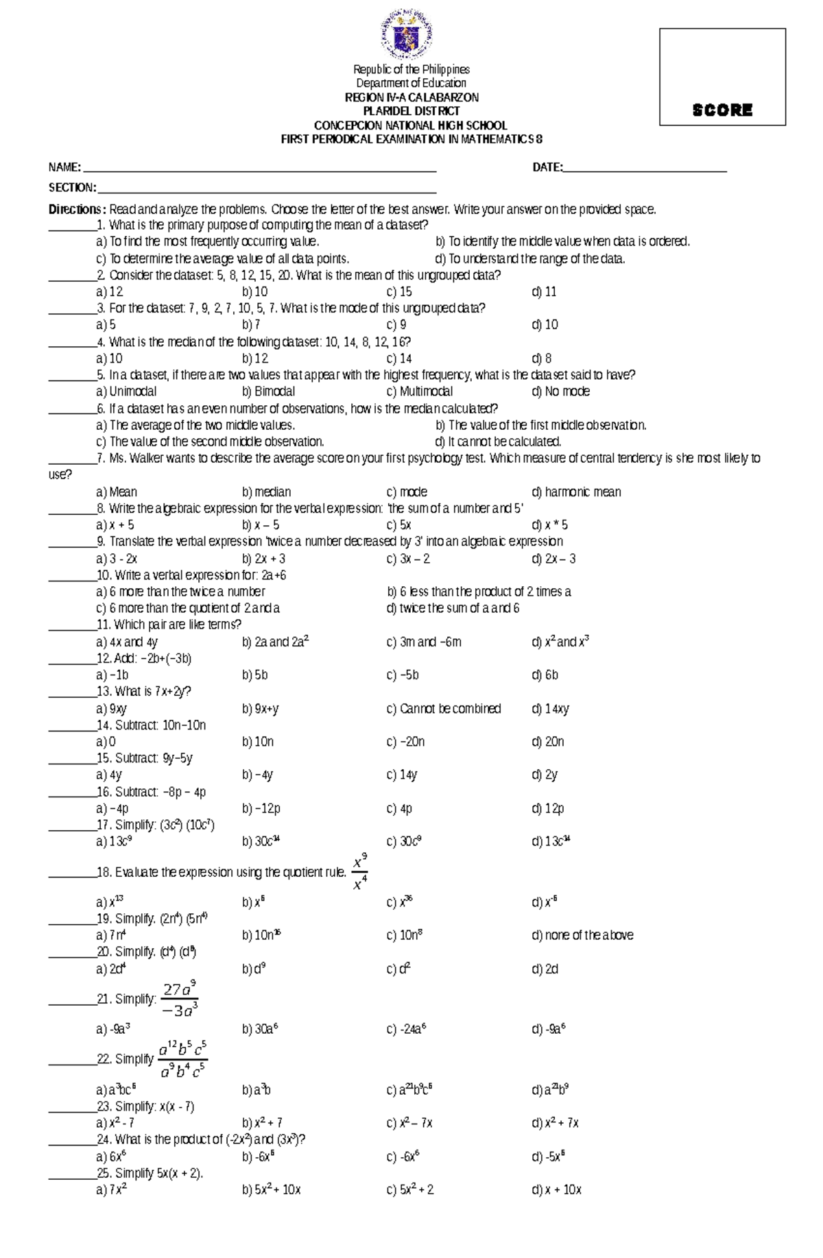 MATH 8 First Periodical Exam - Sample Questions and Answers - Studocu