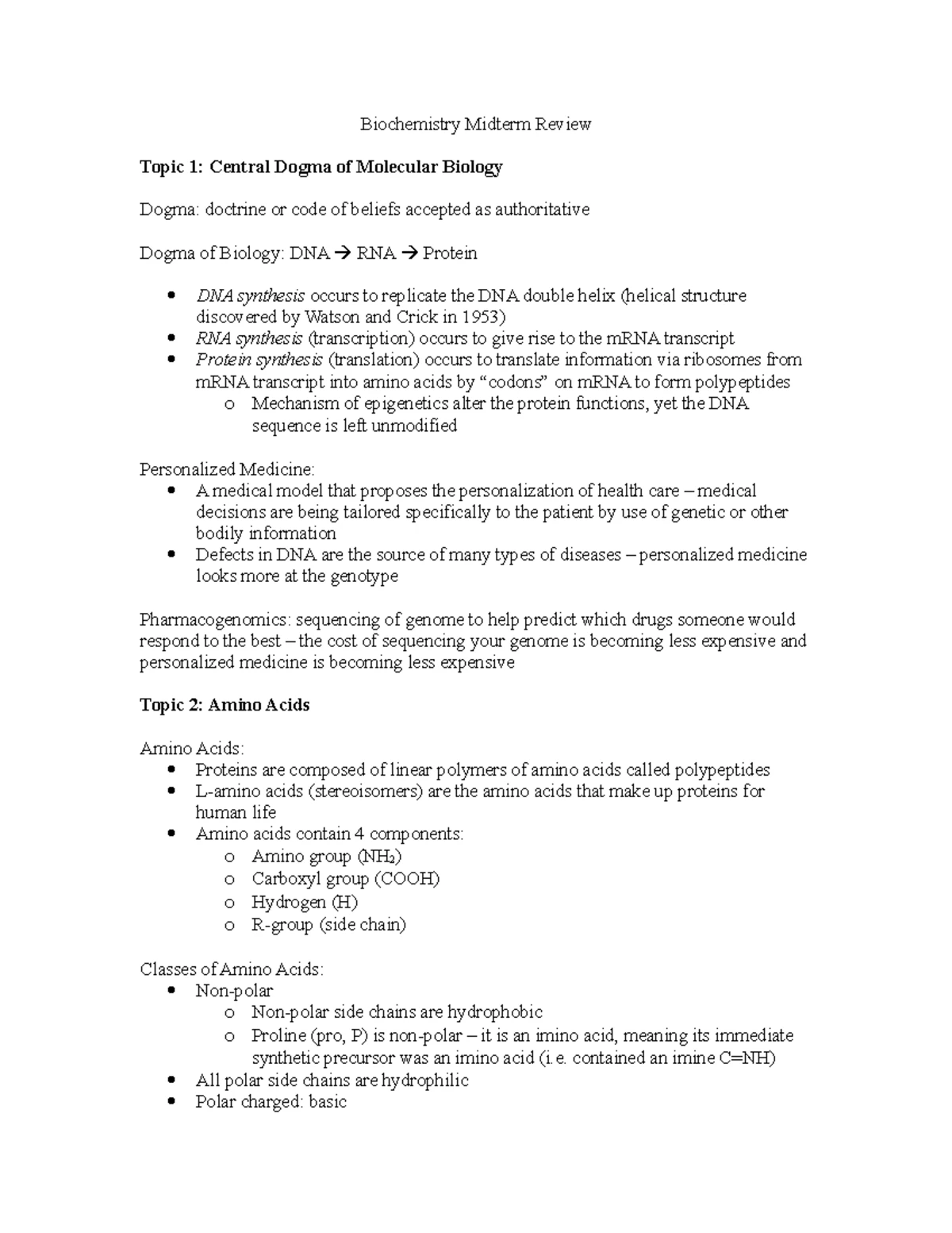 Biochemistry 101: Midterm Review Notes on Biological Molecules and ...
