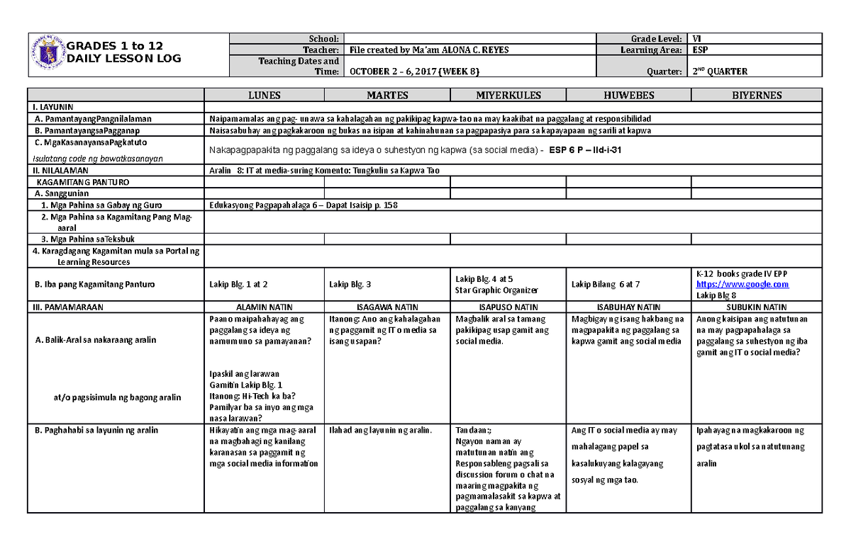 DLL ESP 6 Q2 W8 - aaaaaa - GRADES 1 to 12 DAILY LESSON LOG School ...