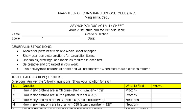 Grade 8 Activity Sheet: Atomic Structure & Periodic Table - Studocu