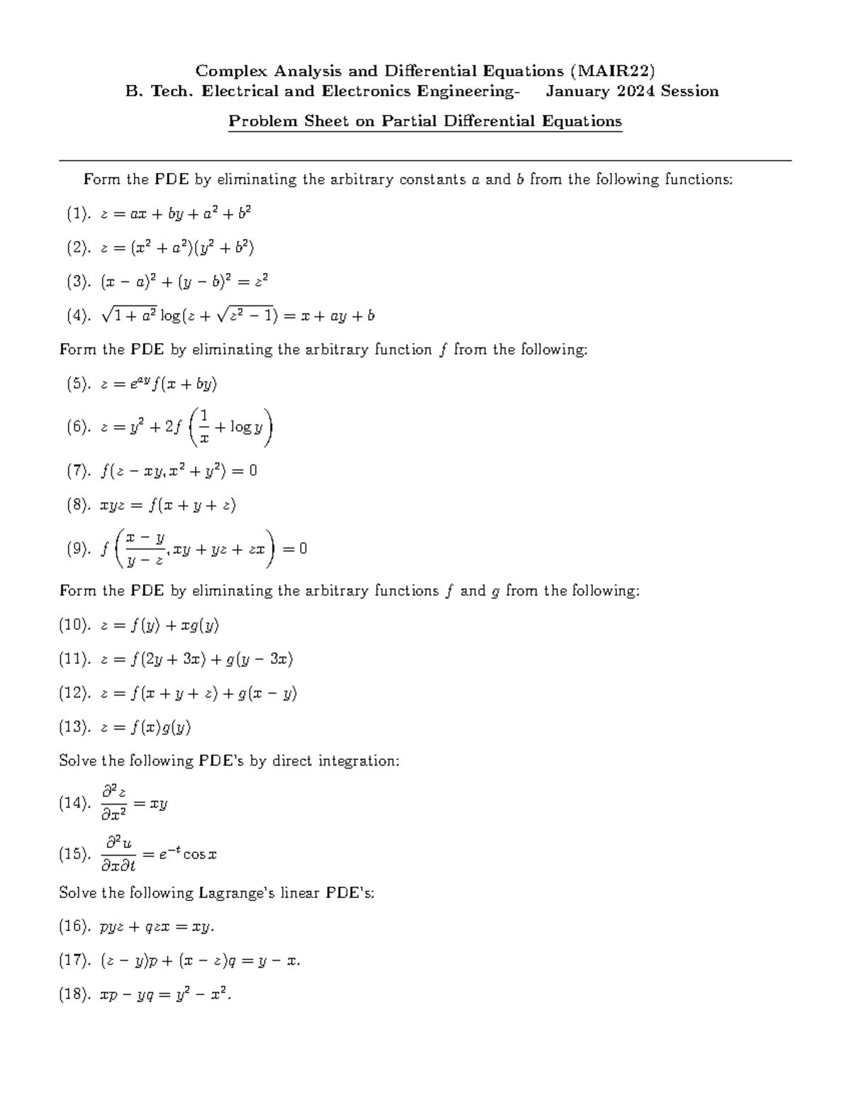 Problem Sheet-PDE - PDE questions - Complex Analysis and Differential ...