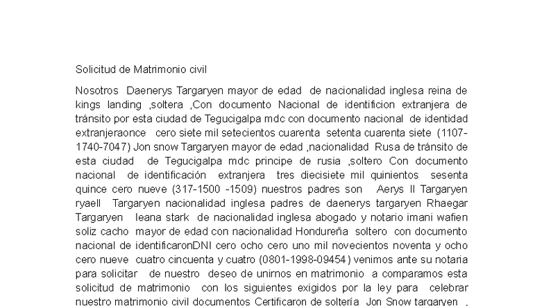 Solicitud de Matrimonio Civil de Daenerys y Jon Snow Targaryen - Studocu