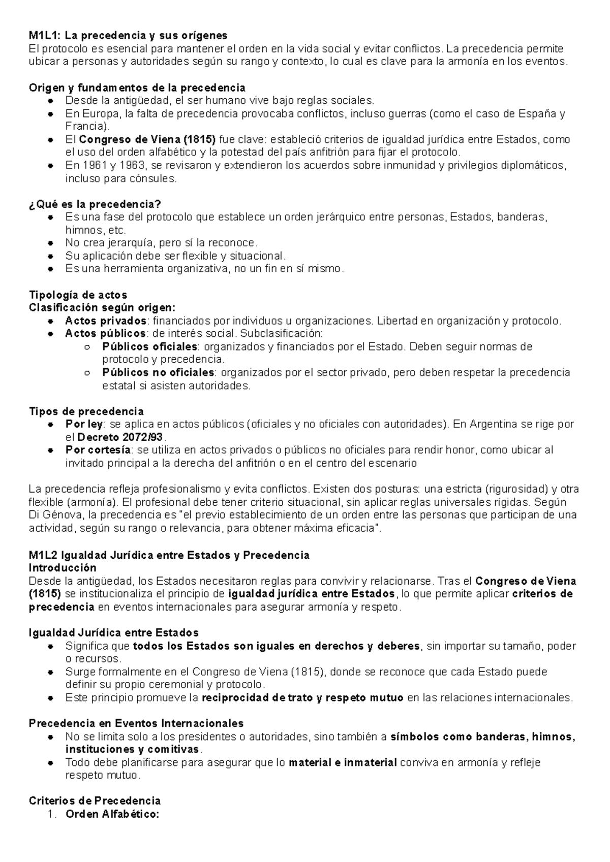 M1-M2: Resumen sobre la Precedencia y su Importancia en Protocolo - Studocu