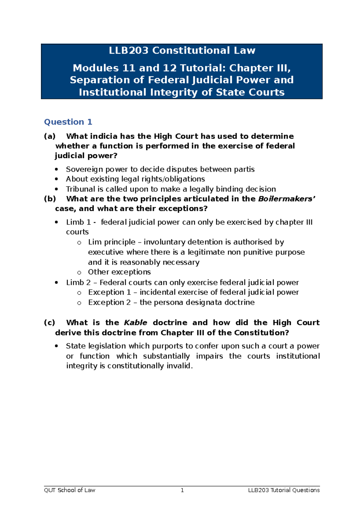 LLB203 Constitutional Law Tutorial Questions: Modules 11 & 12 Analysis ...