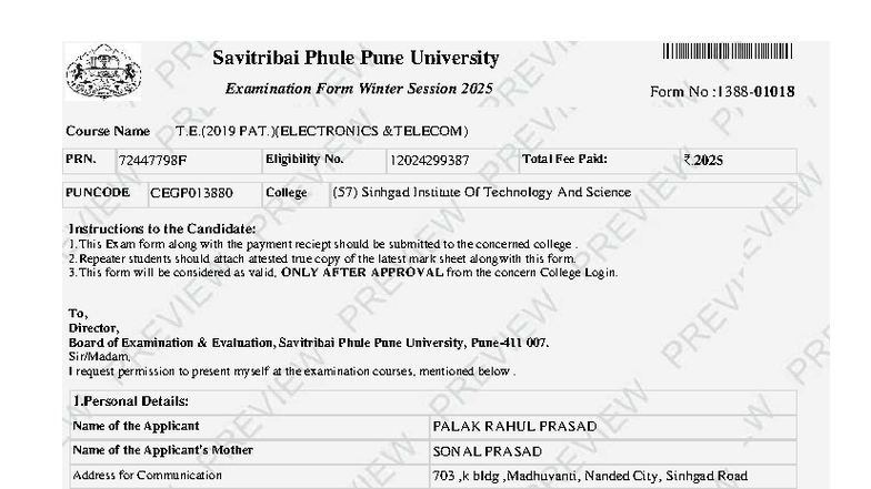 SPPU Exam Form Winter 2025 - T.E. Electronics (PRN: 72447798F) - Studocu