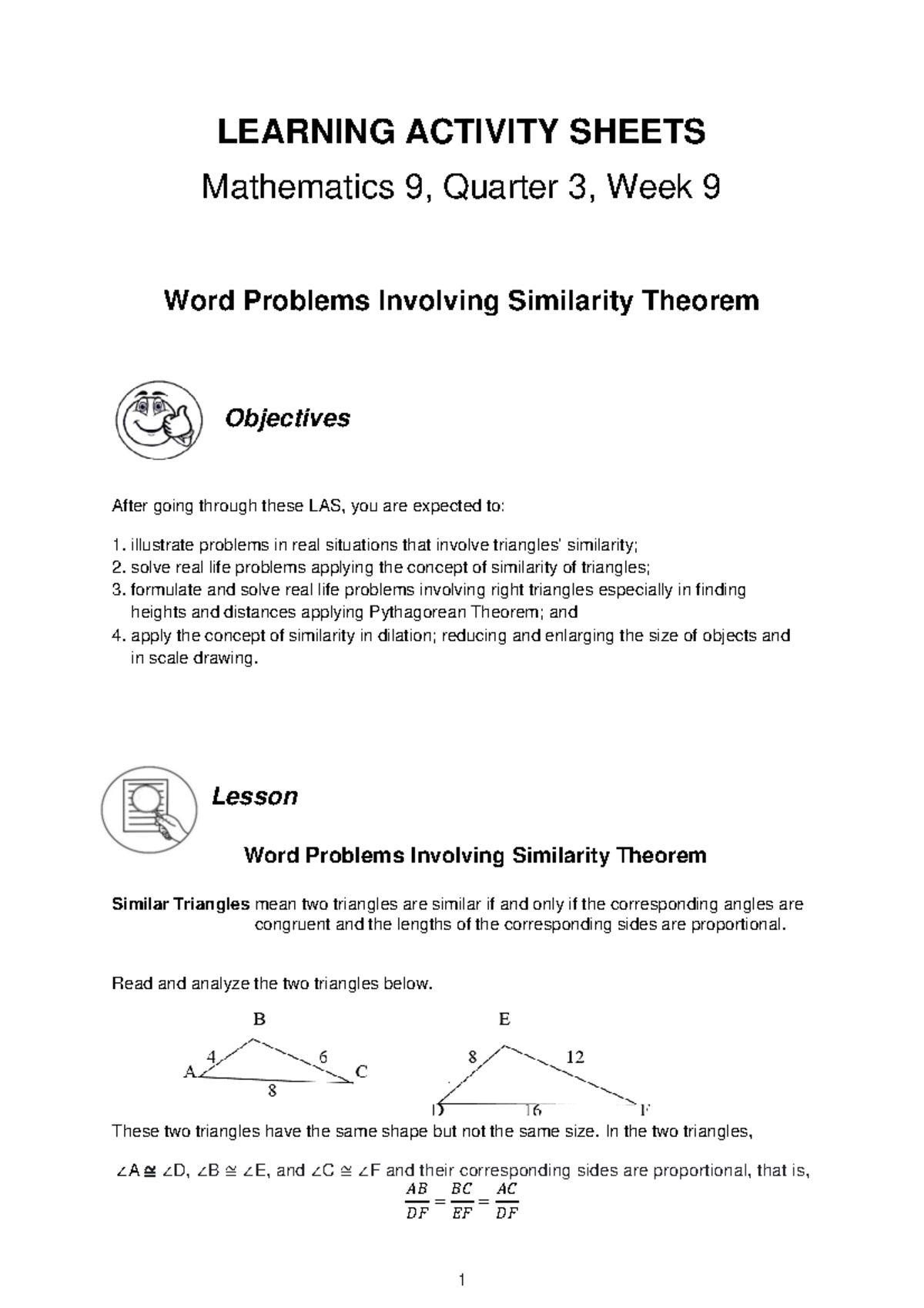 LAS Math9 Q3 WK9 Word Problems on Similarity Theorem - Studocu