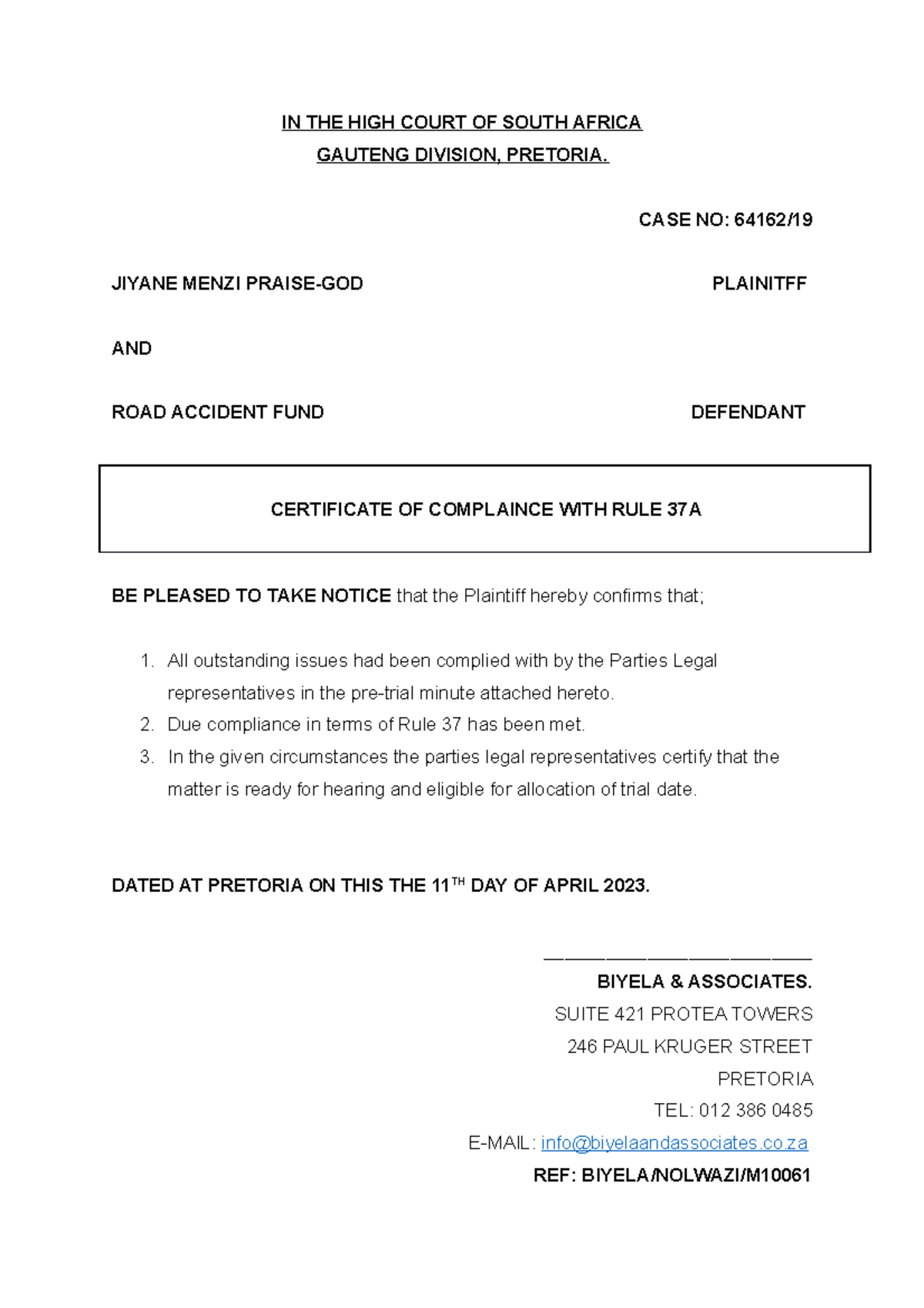 Notice of Compliance with Rule 37A - Case No: 64162/2023 - Studocu