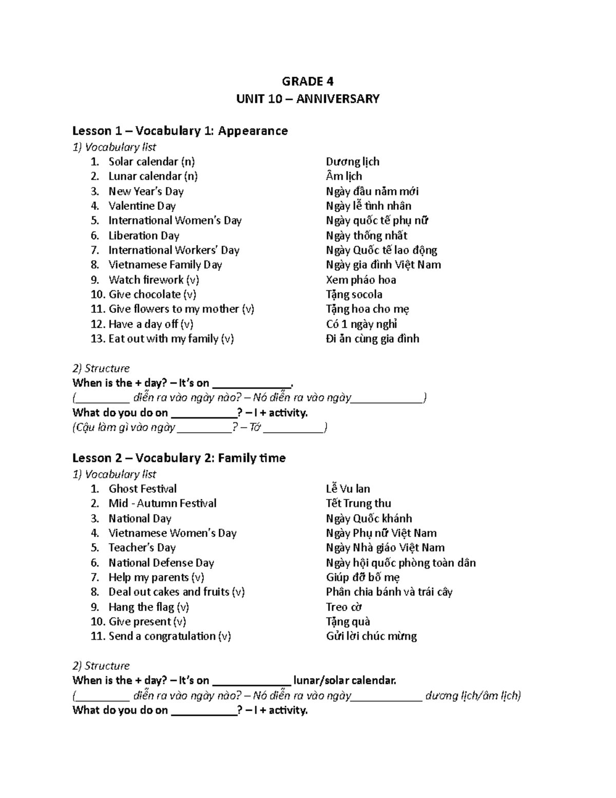 G4-U10-Ghi baì - a fsf - GRADE 4 UNIT 10 – ANNIVERSARY Lesson 1 ...