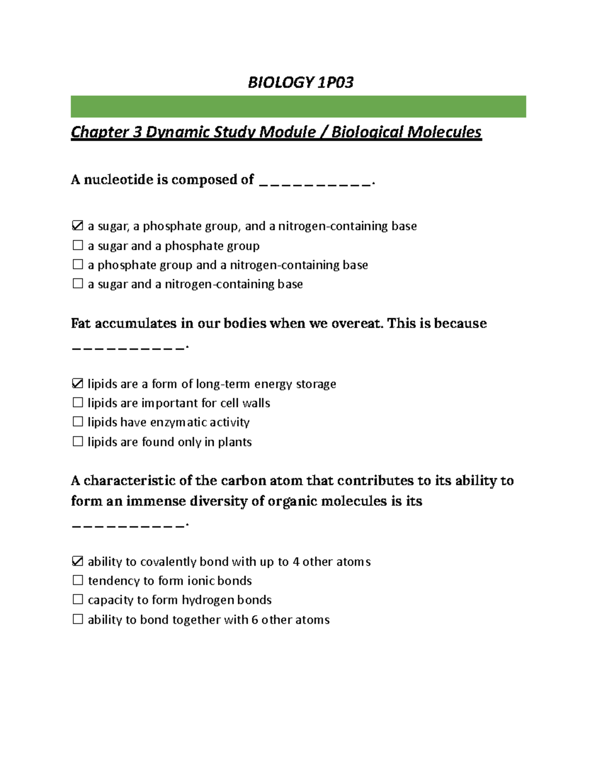 Biology 1P03 Quiz Notes: Chapters 3 & 4 - Biological Molecules & Cell ...