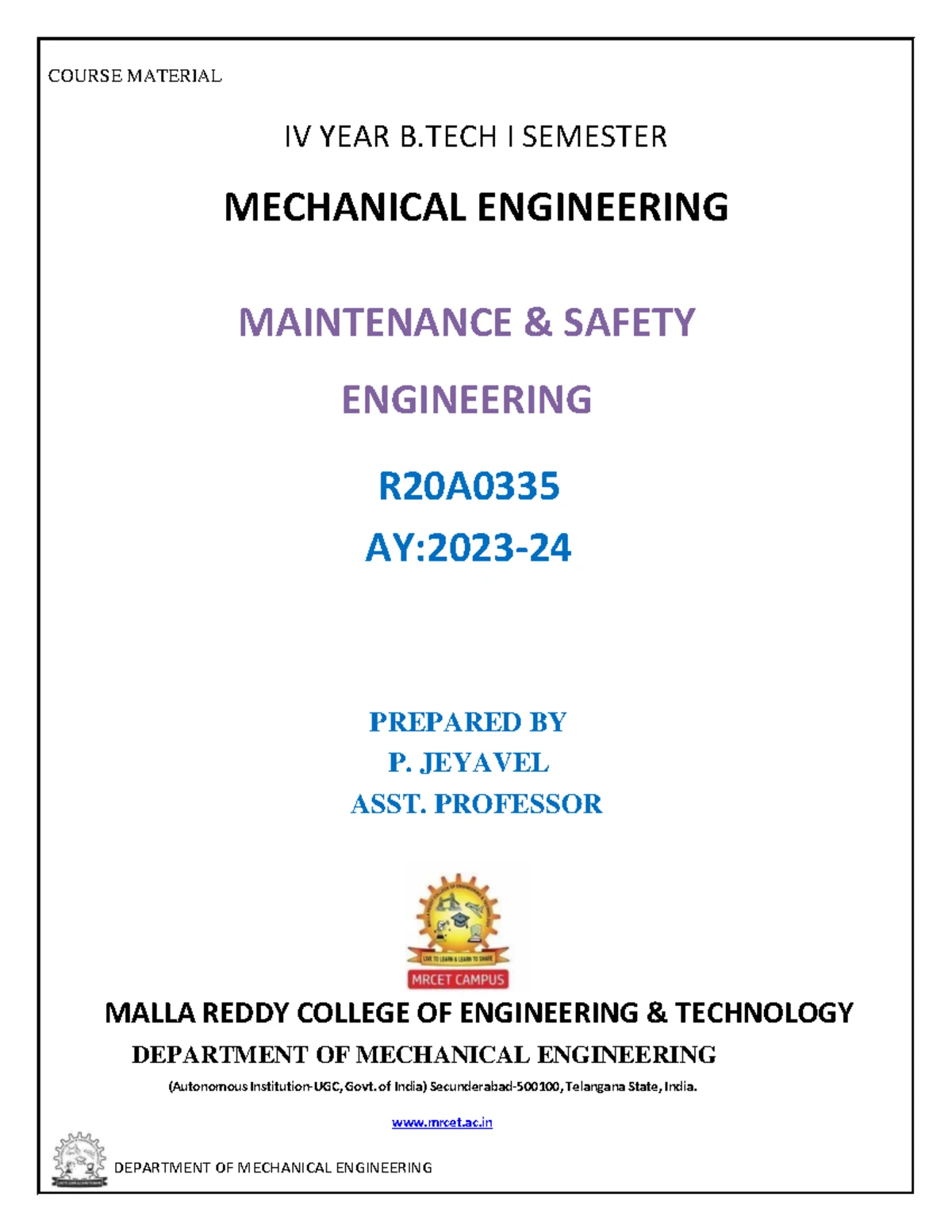 R20 A033 5: Comprehensive Guide to Maintenance & Safety Engineering ...