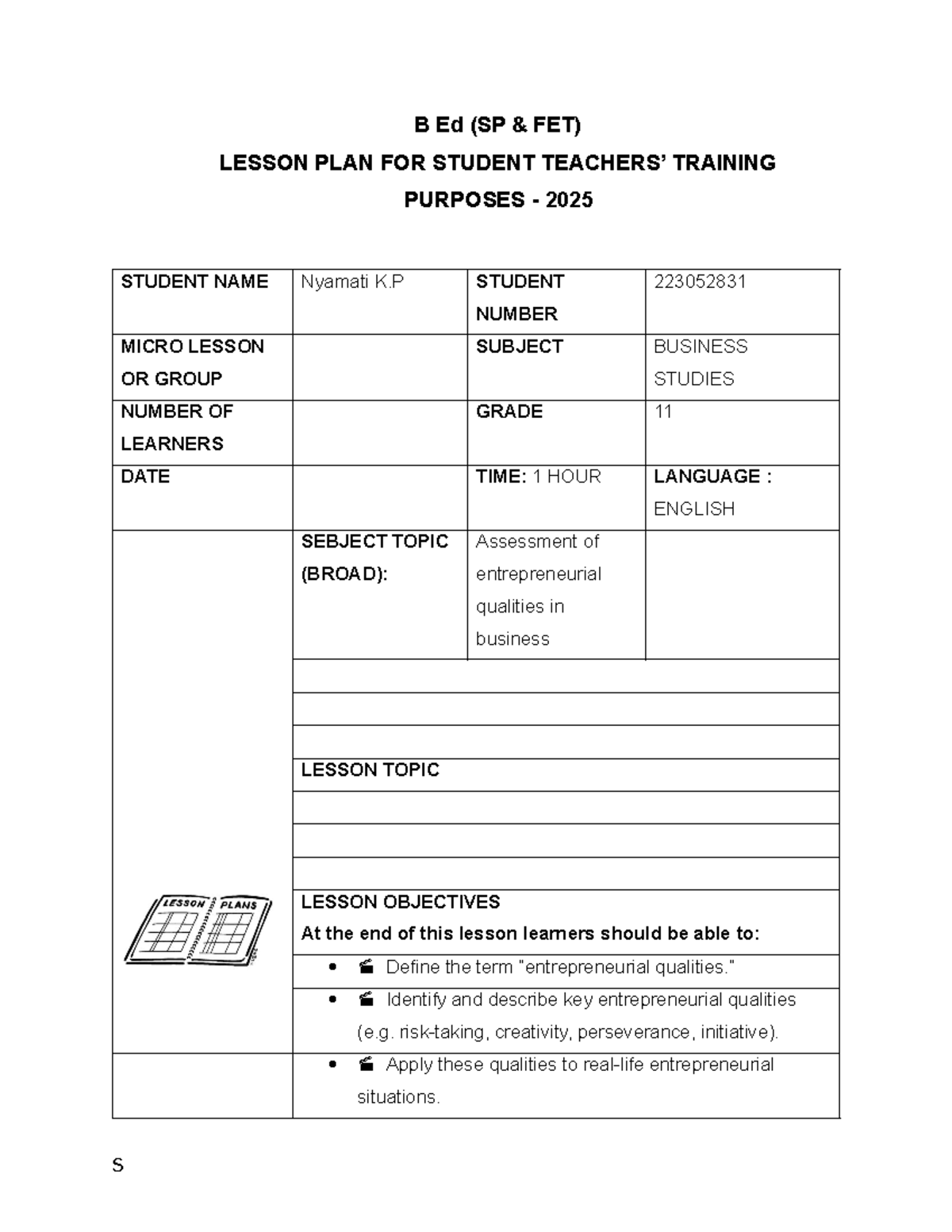 B Ed (SP FET) Grade 11 Business Studies Lesson Plan 2025 - Studocu