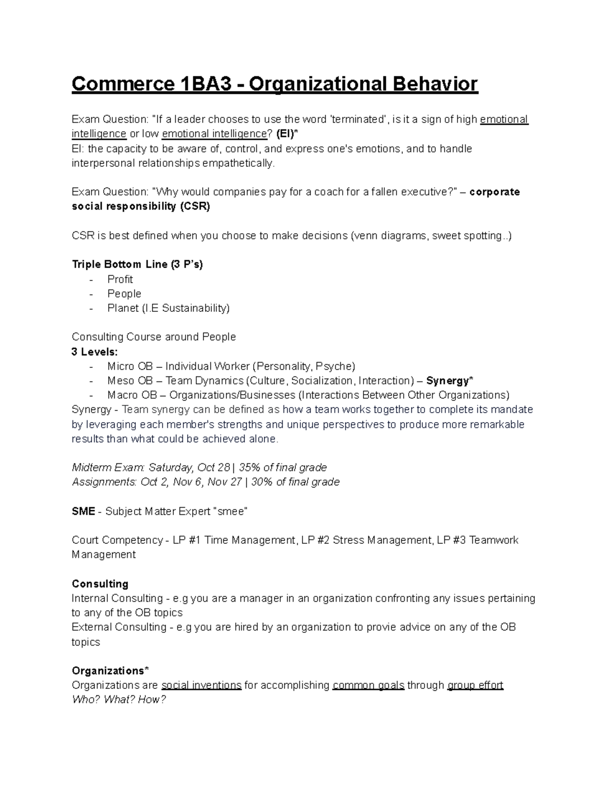 Commerce 1BA3 Organizational Behavior Midterm Exam Notes - Studocu