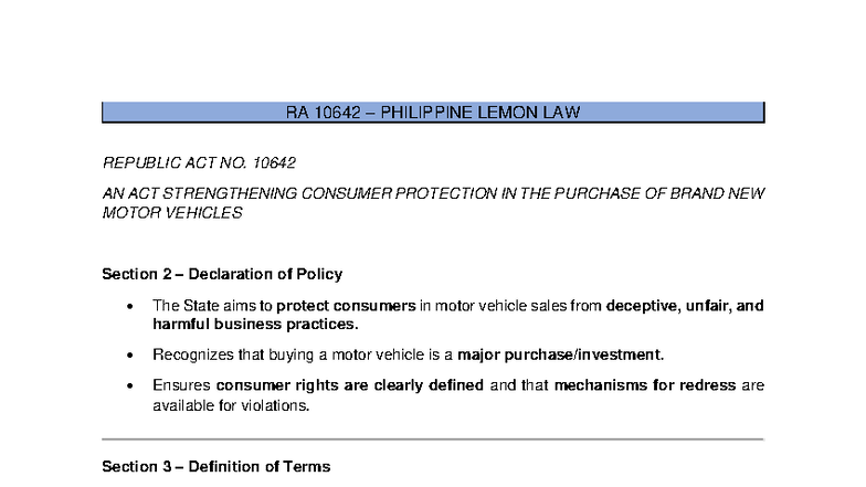 RA 10642: Overview of the Philippine Lemon Law and Consumer Rights ...