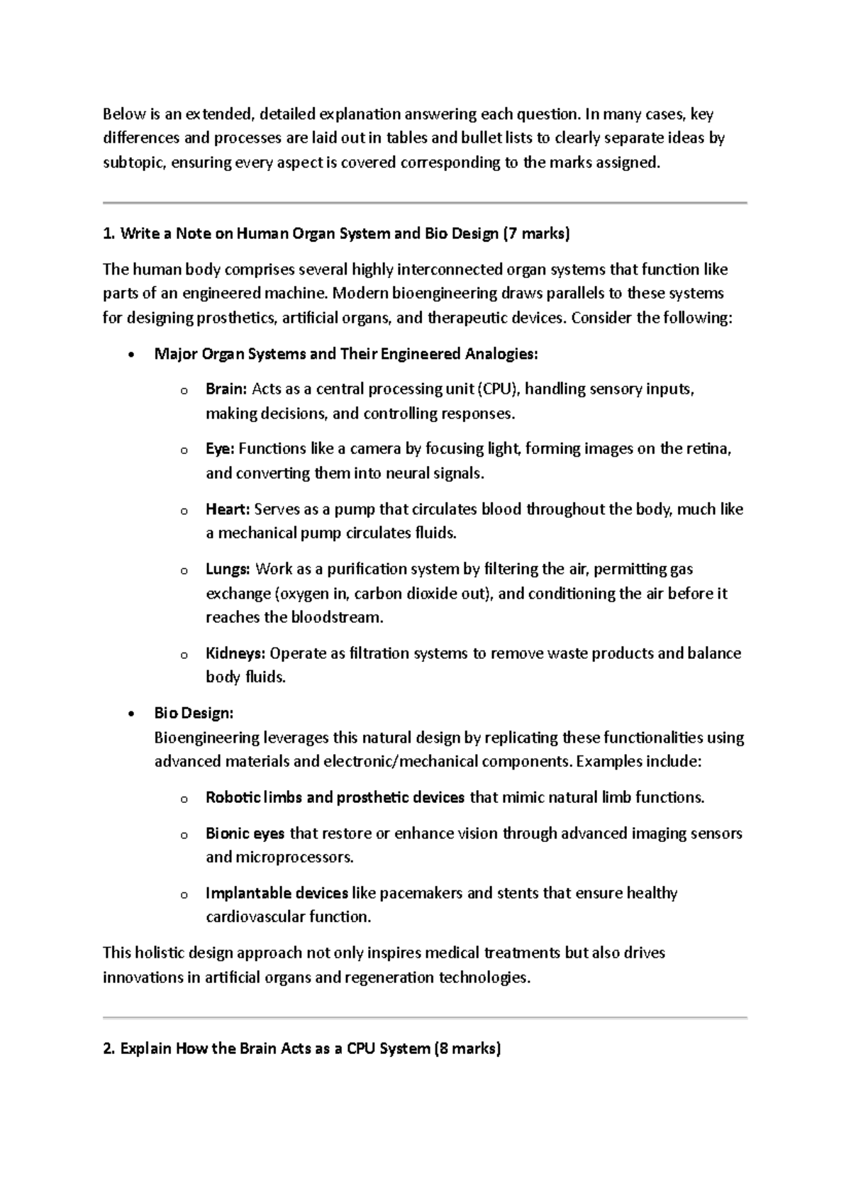 Bioengineering and Human Organ Systems: Detailed Study Notes (Course ...