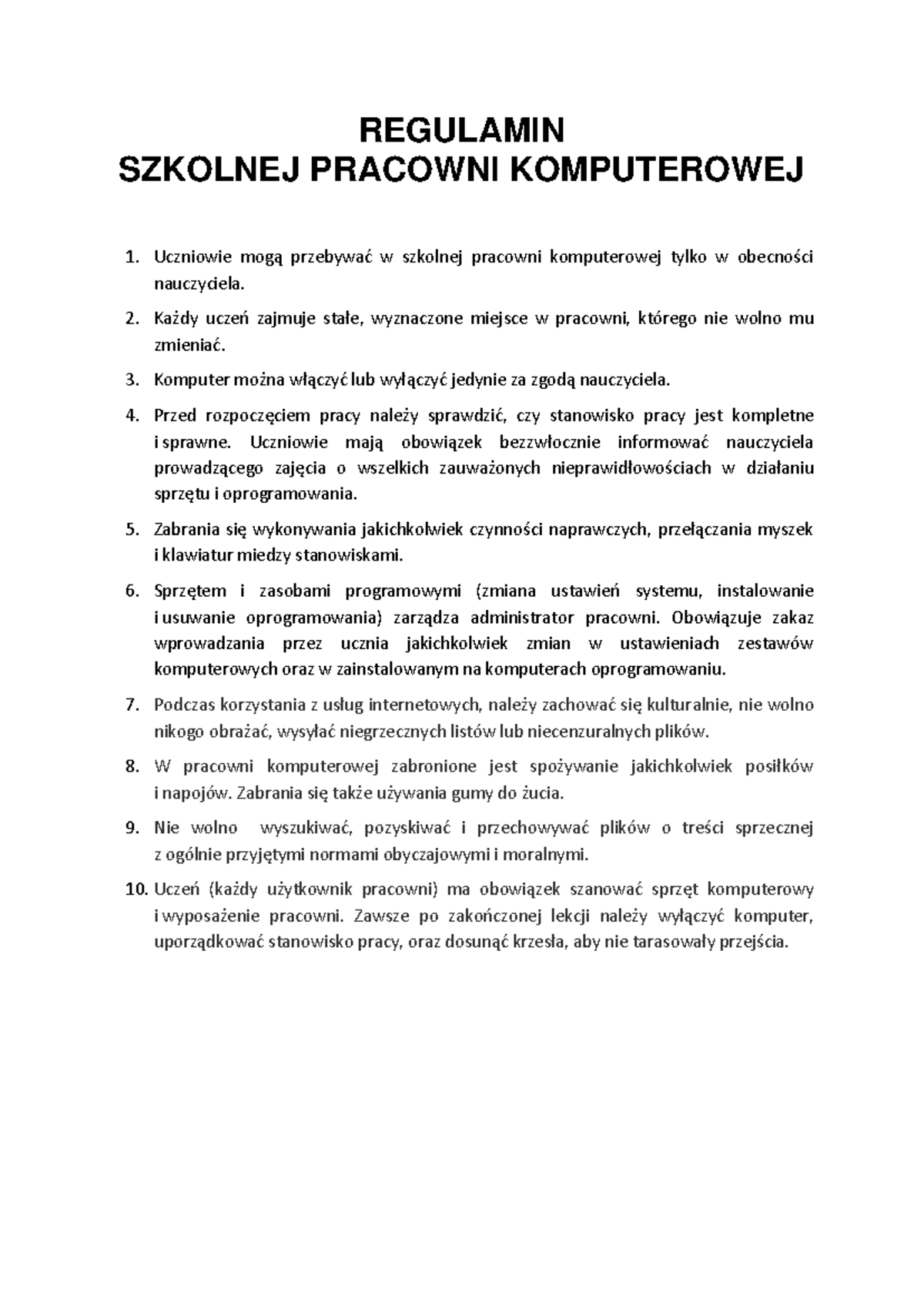 Regulamin Pracowni Komputerowej Zasady U ytkowania Studocu