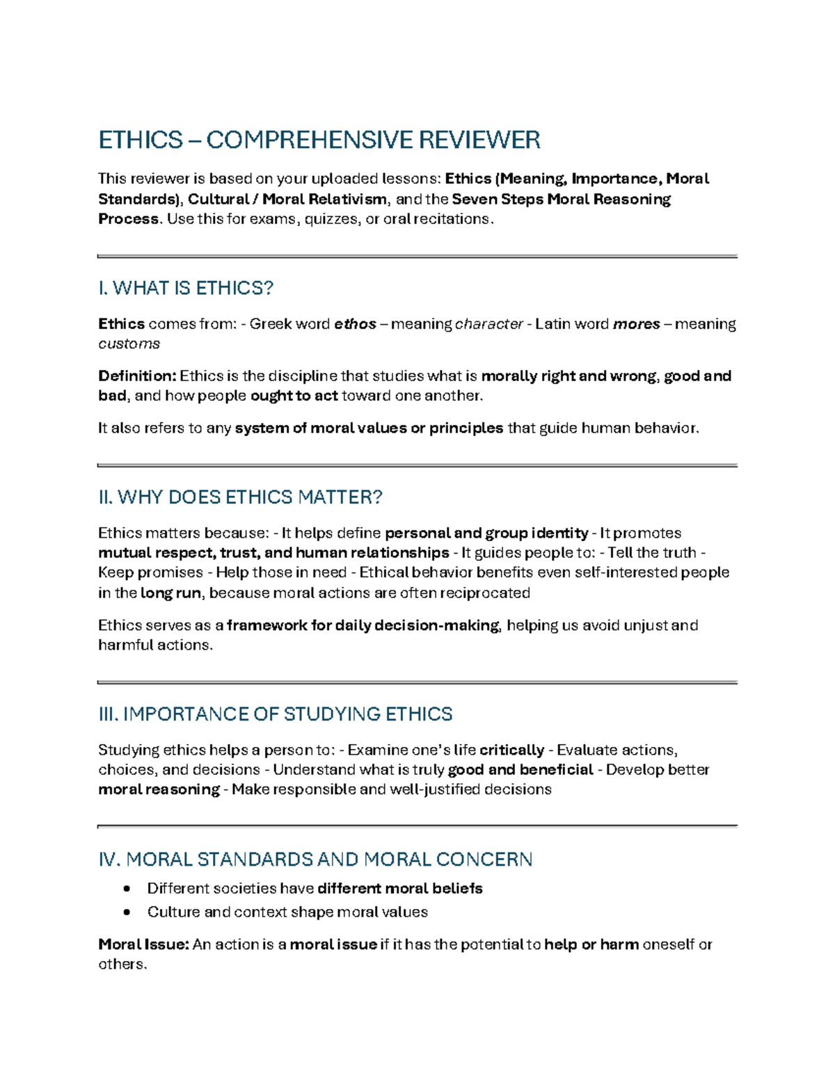 ETHICS 101: COMPREHENSIVE REVIEWER FOR EXAMS & QUIZZES - Studocu