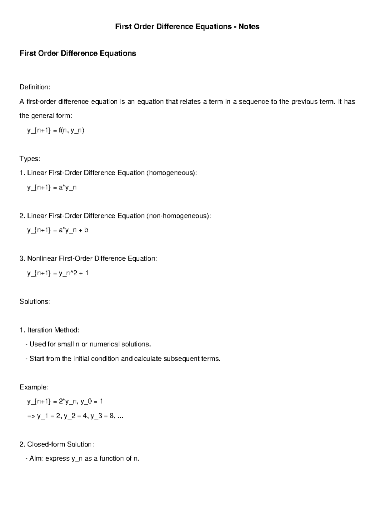 First Order Difference Equations: Comprehensive Study Notes - Studocu