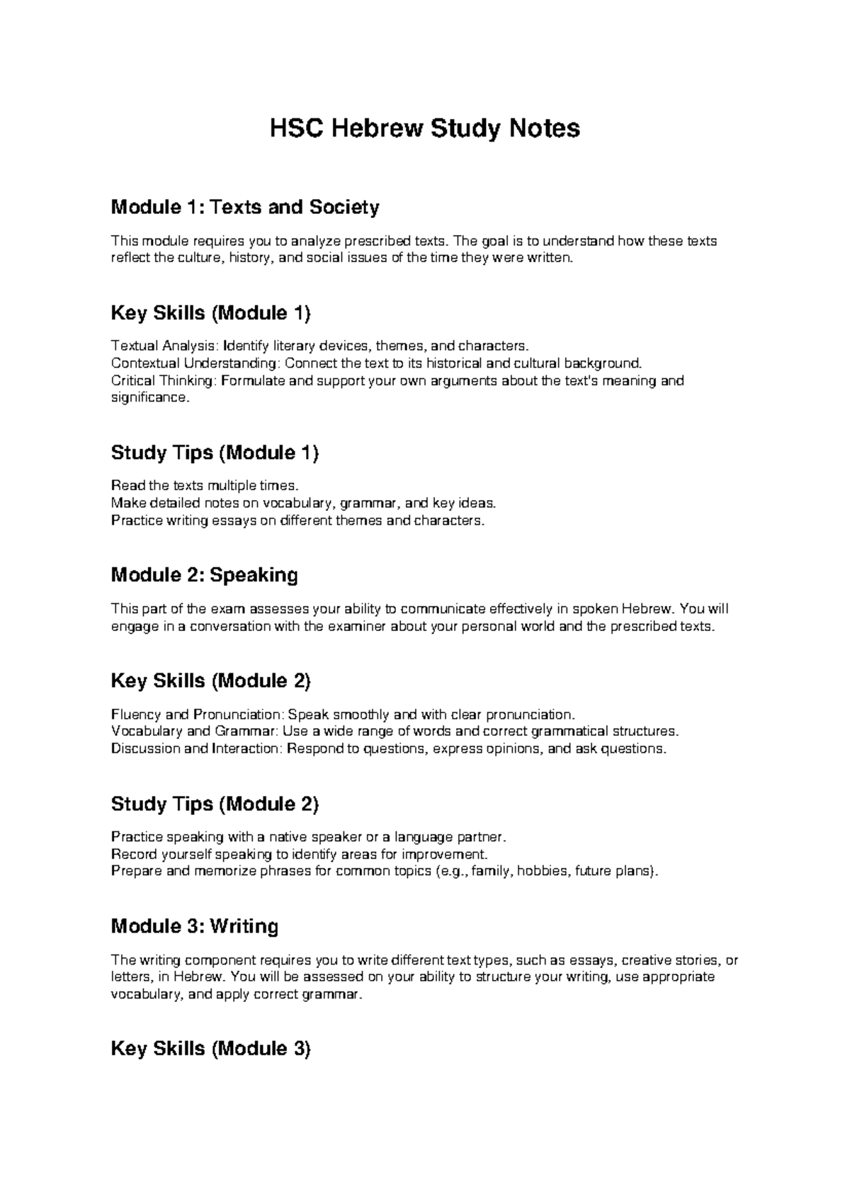 HSC Hebrew Study Notes: Module 1-3 Overview and Tips - Studocu