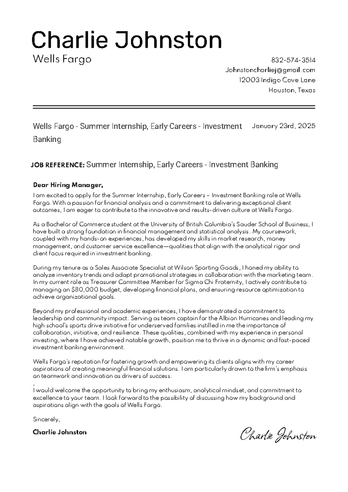 Cover Letter for Summer Internship - Investment Banking #12690 - Studocu