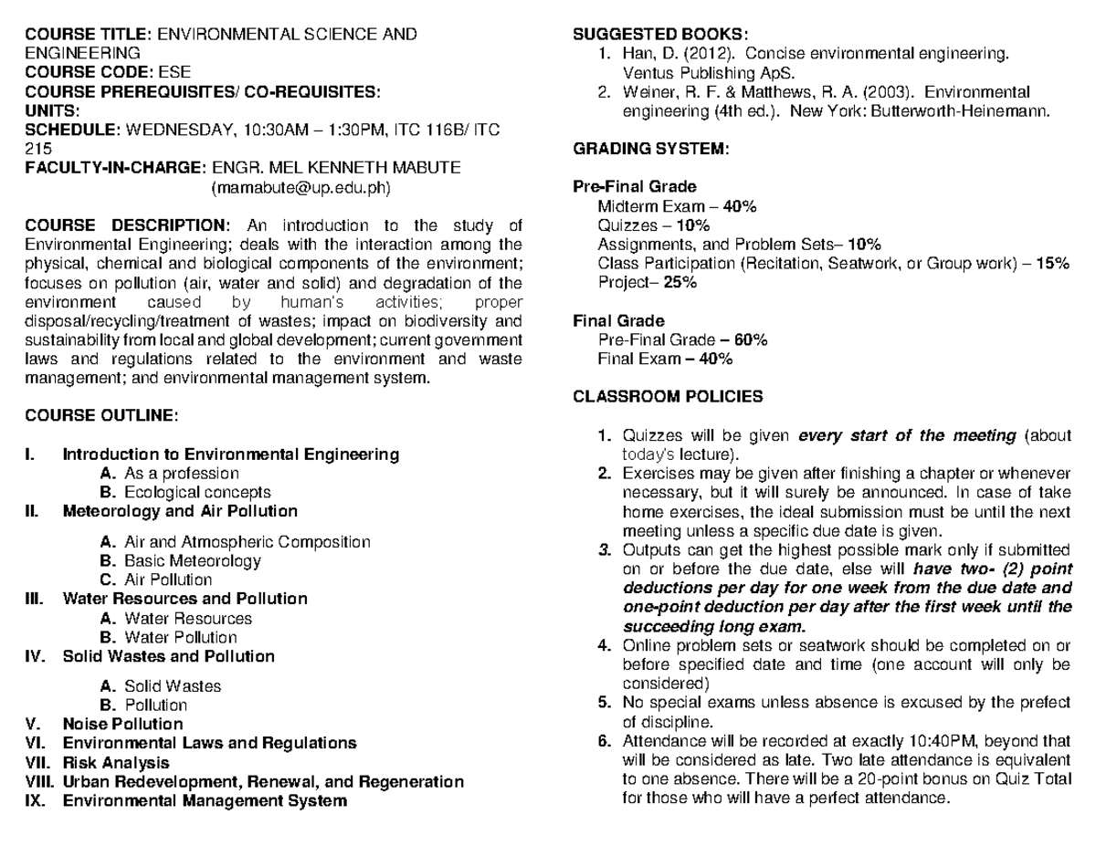 ESE Course Outline: Lecture Notes on Environmental Science ...