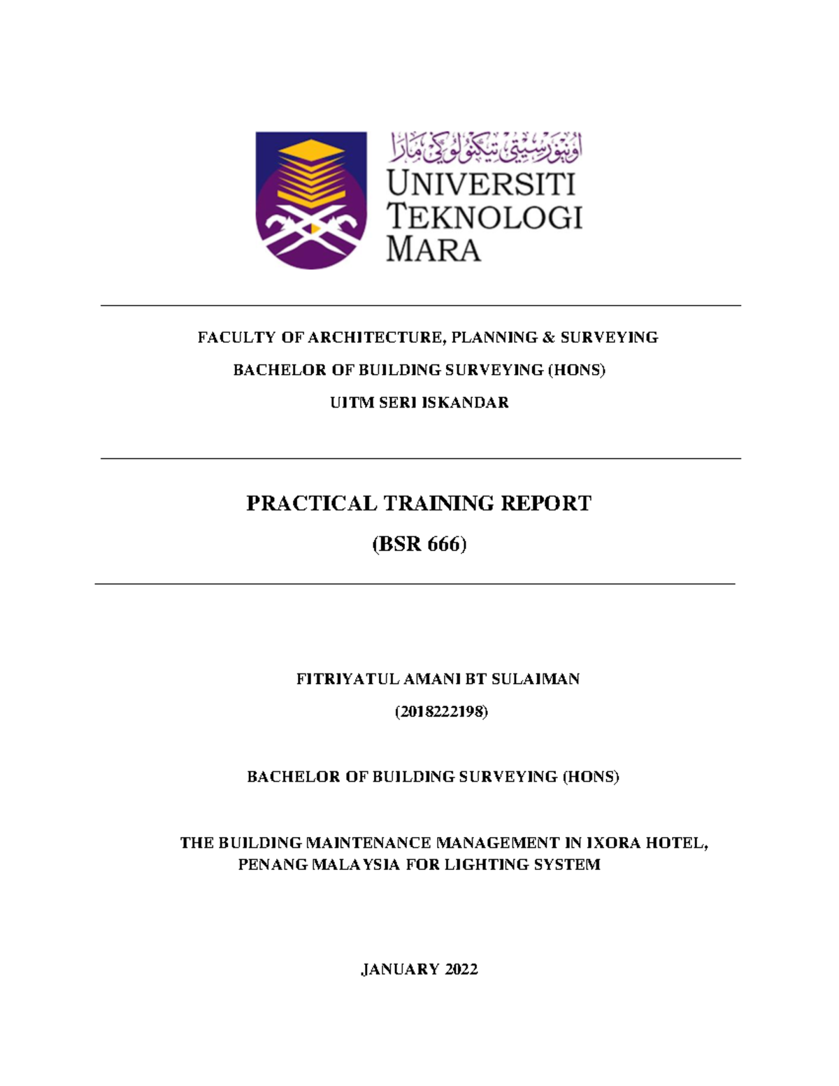Lighting report - FACULTY OF ARCHITECTURE, PLANNING & SURVEYING ...