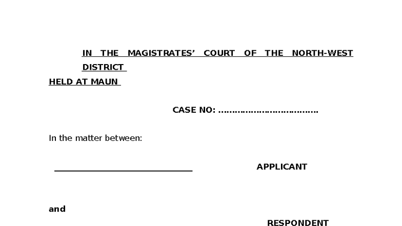 Draft Order in Case No: Urgent Application for Protection Order - Studocu
