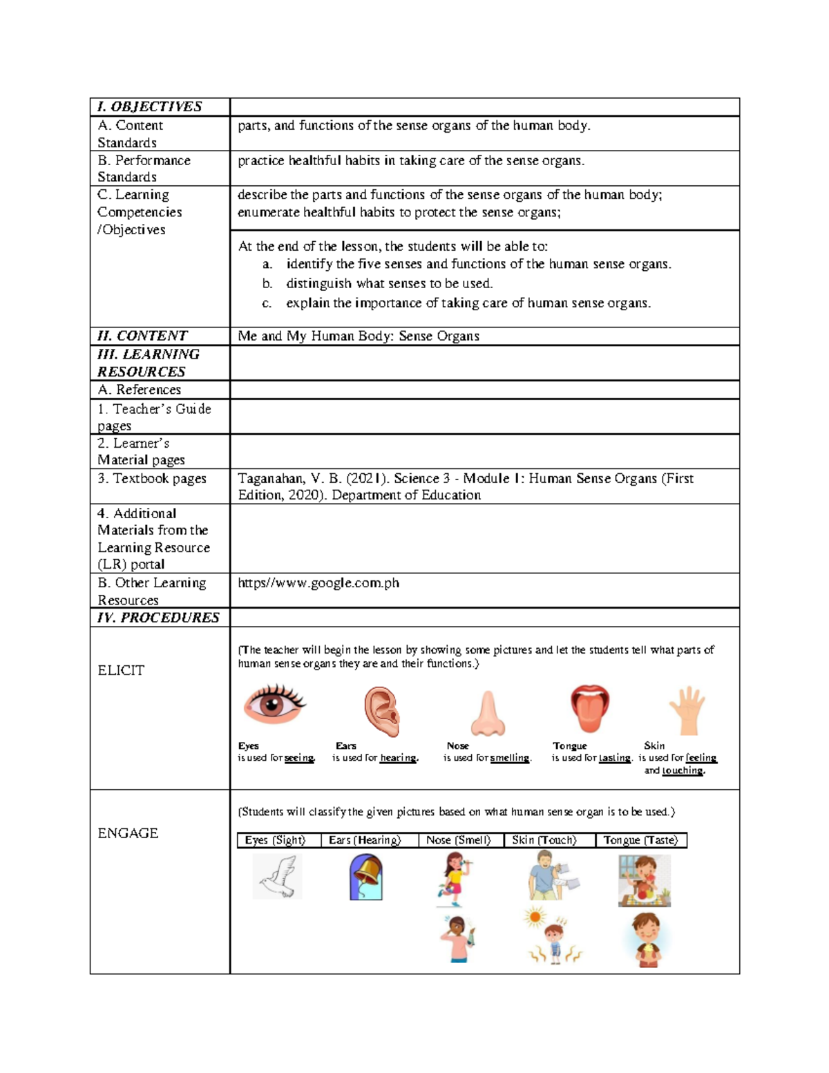 Grade 3 Biology Lesson Plan: Understanding Human Sense Organs - Studocu